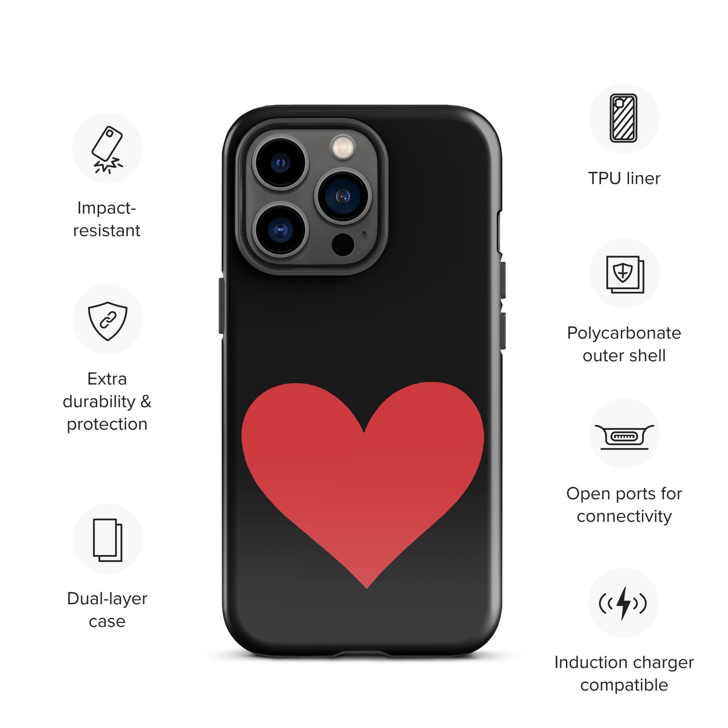 Phone Case for iPhone with heart design in vibrant colors, emphasizing impact resistance and stylish durability.