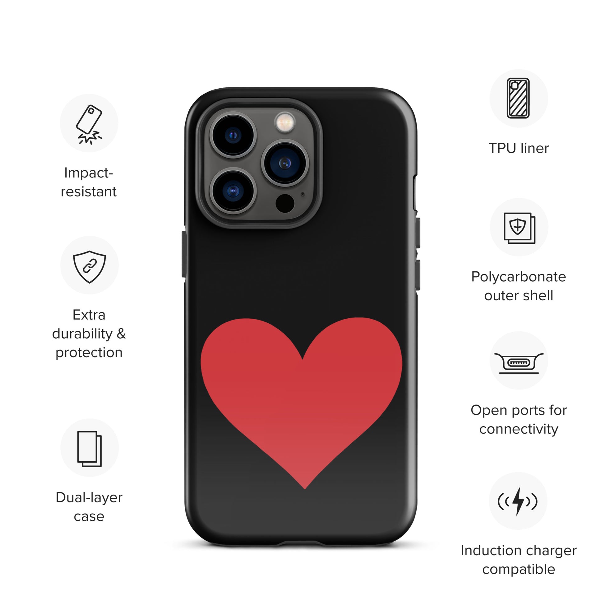 Phone Case for iPhone with heart design in vibrant colors, emphasizing impact resistance and stylish durability.