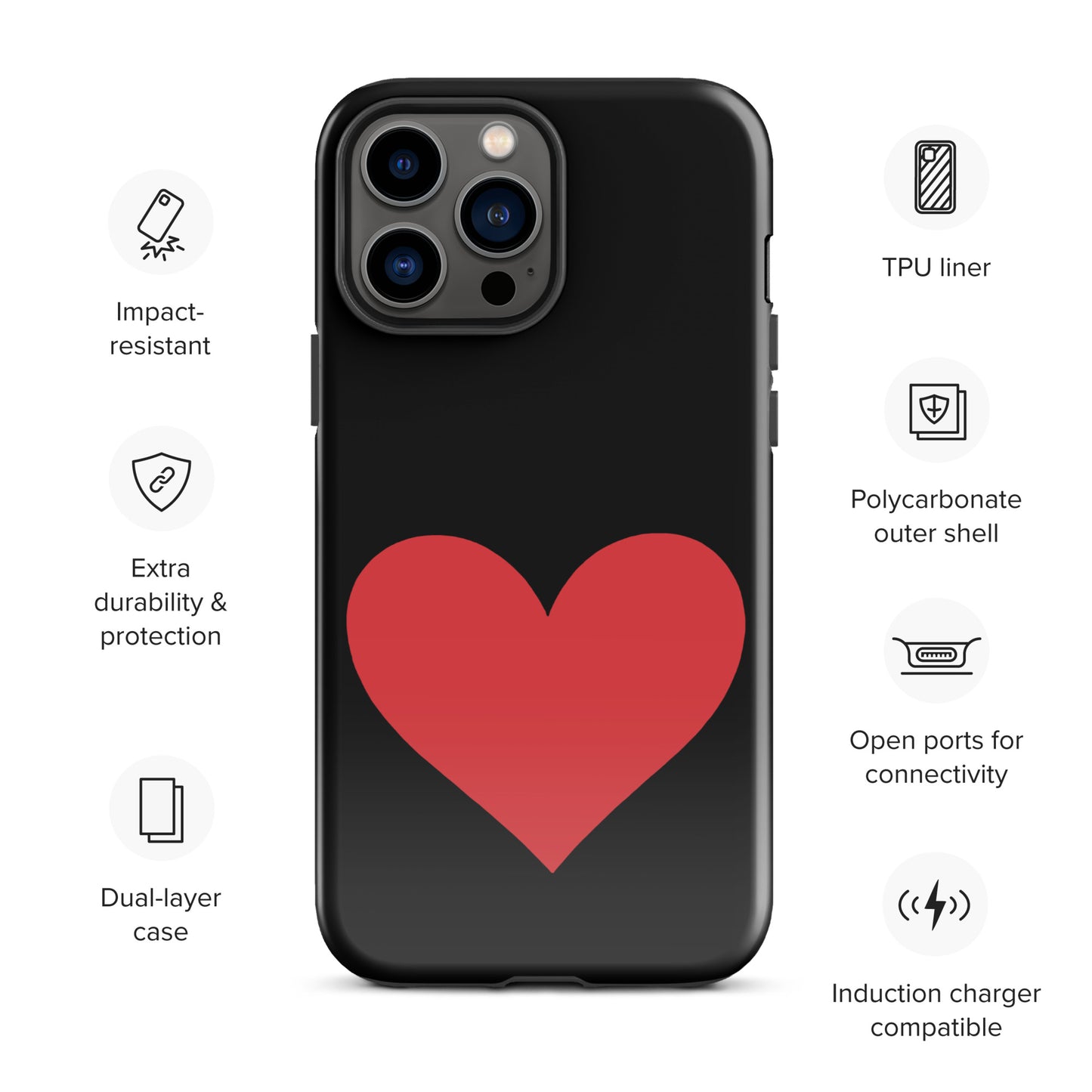 Phone Case heart design with vibrant red on black background, impact-resistant, dual-layer, TPU liner for iPhone