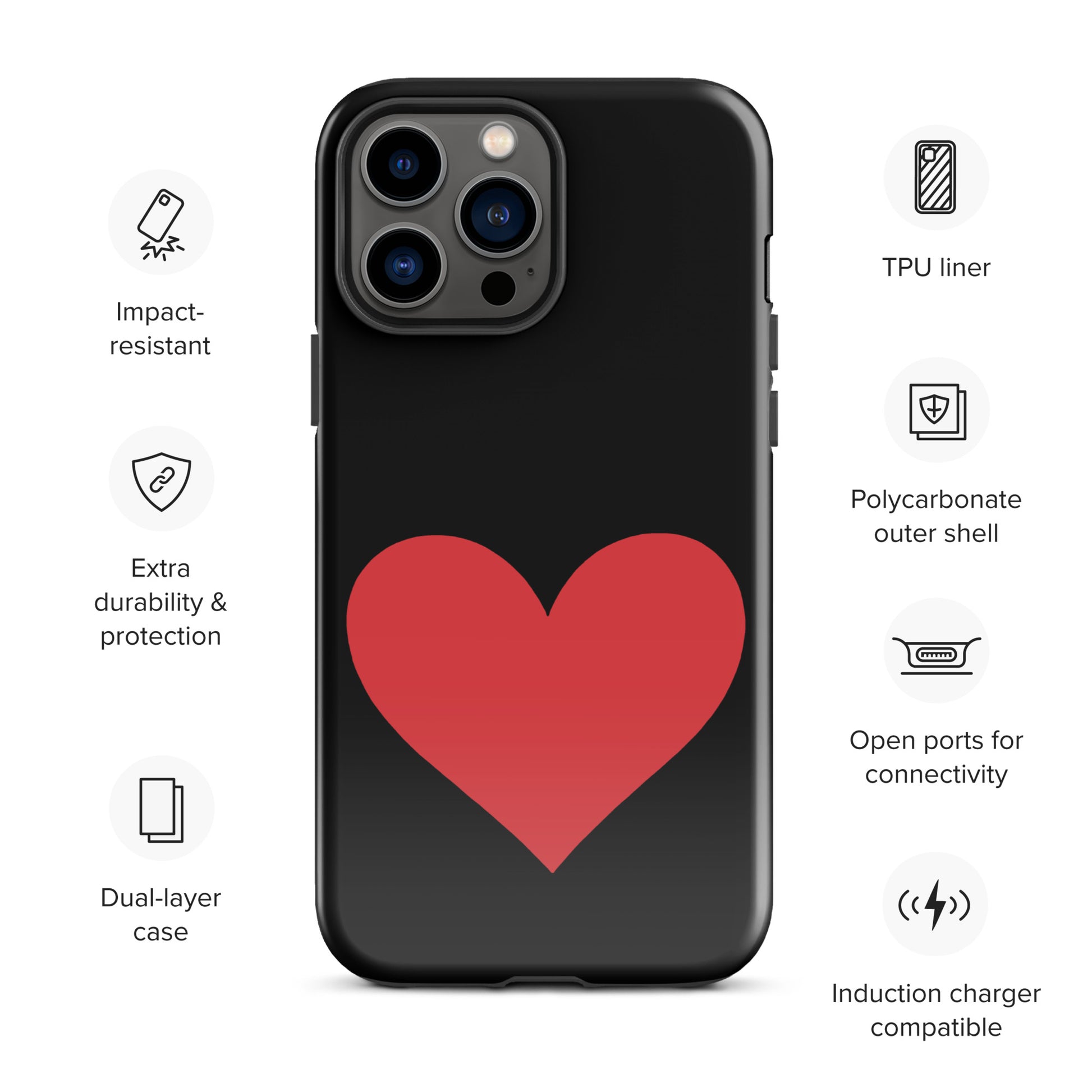 Phone Case heart design with vibrant red on black background, impact-resistant, dual-layer, TPU liner for iPhone