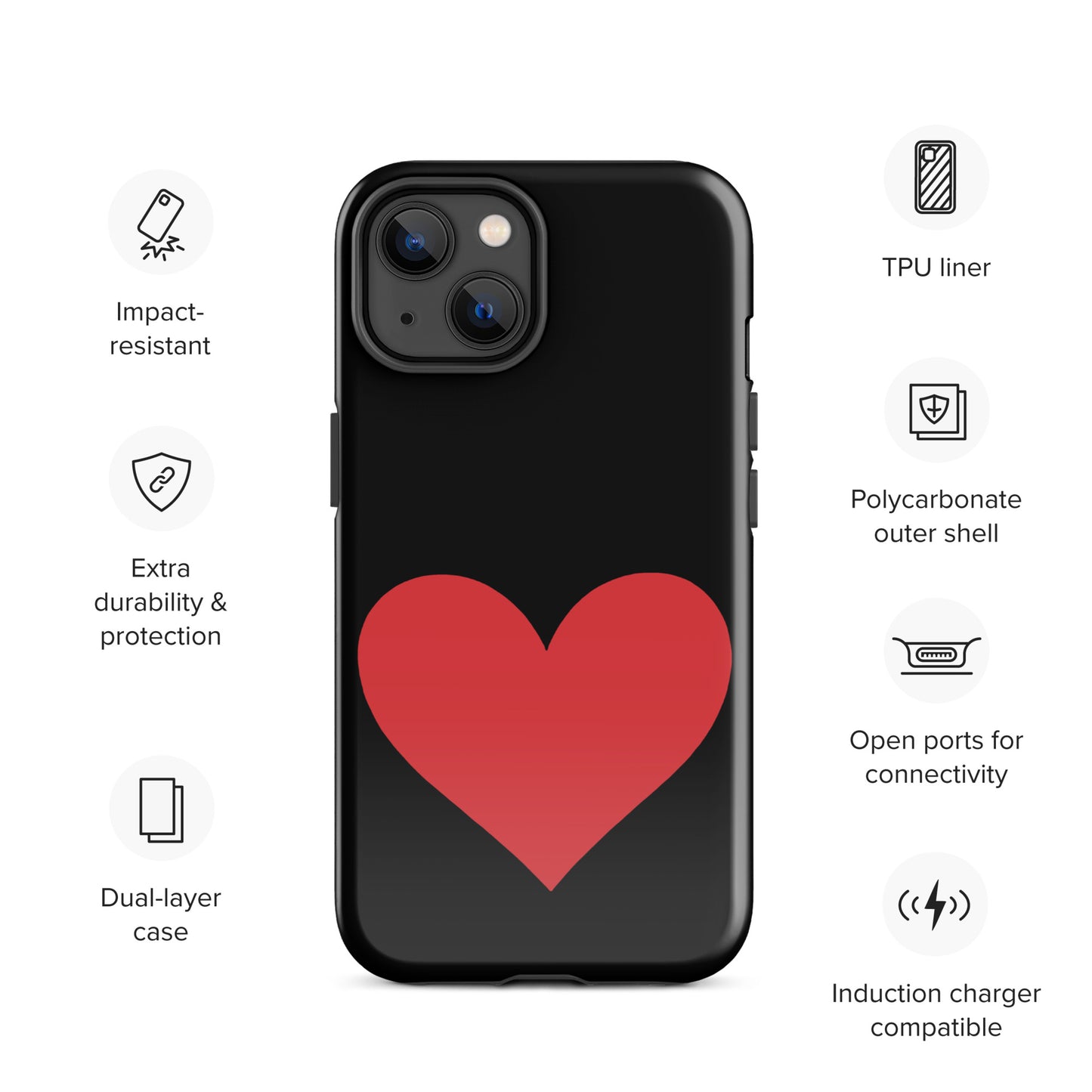 Phone Case with red heart design, iPhone compatible, dual-layer protection, vibrant color options.