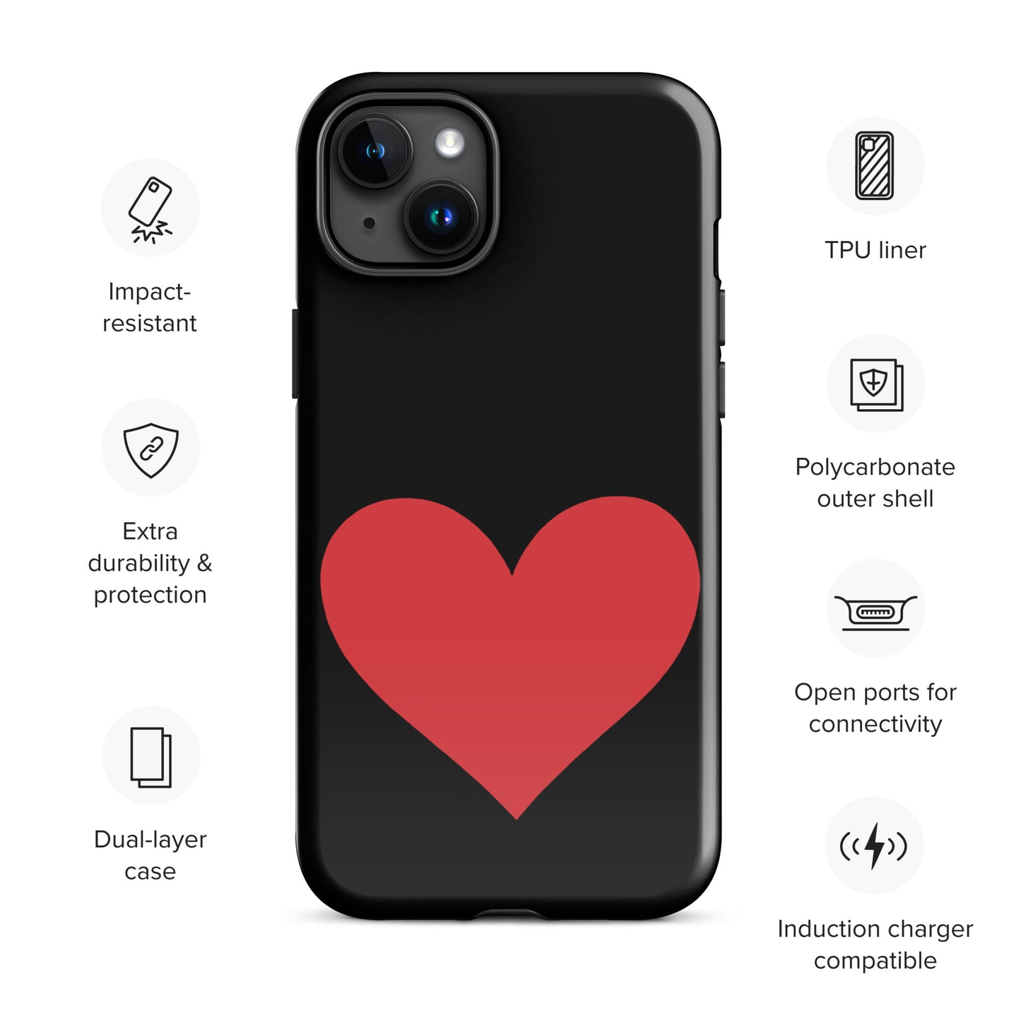 Black phone case for iPhone with red heart design and impact-resistant features, showcasing style and protection, vibrant color options available.