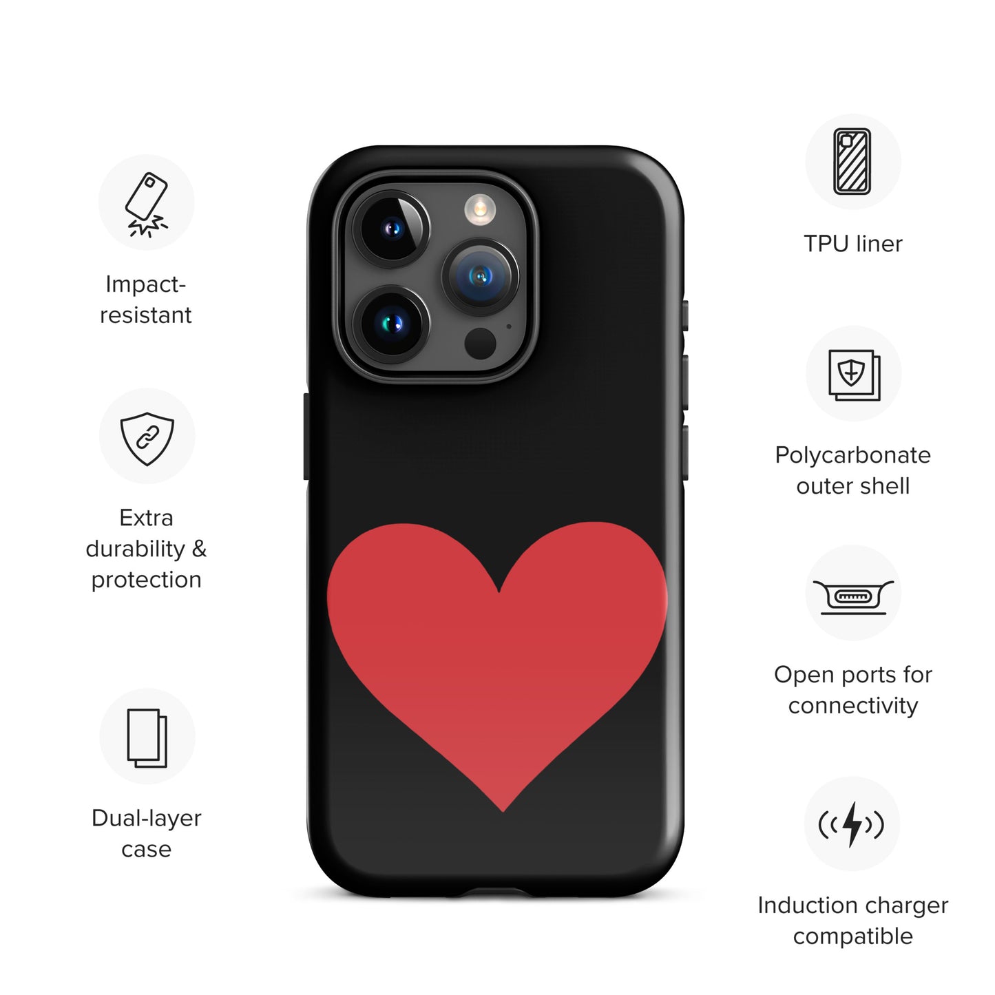 Phone Case with heart design and impact-resistant features for iPhone, showcasing style and protection in vibrant colors.