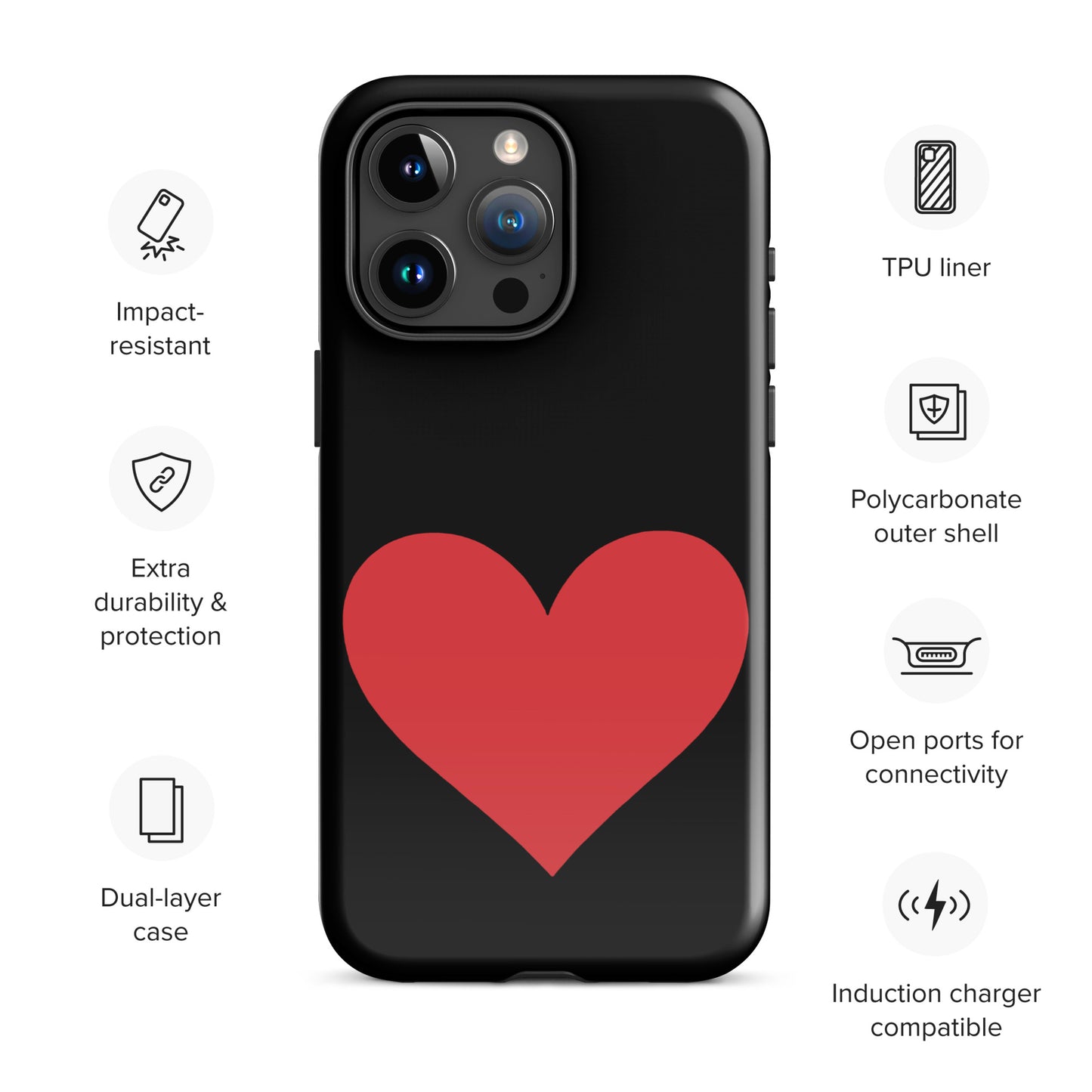 Phone Case for iPhone with heart design in vibrant colors, featuring impact resistance and dual-layer protection.