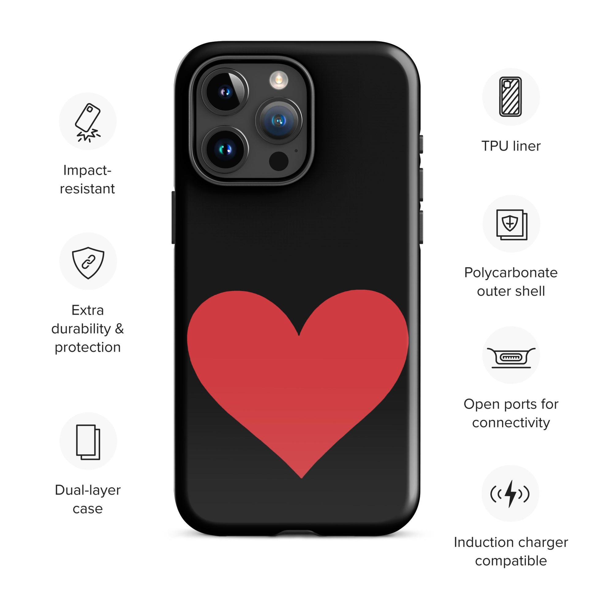 Phone Case for iPhone with heart design in vibrant colors, featuring impact resistance and dual-layer protection.