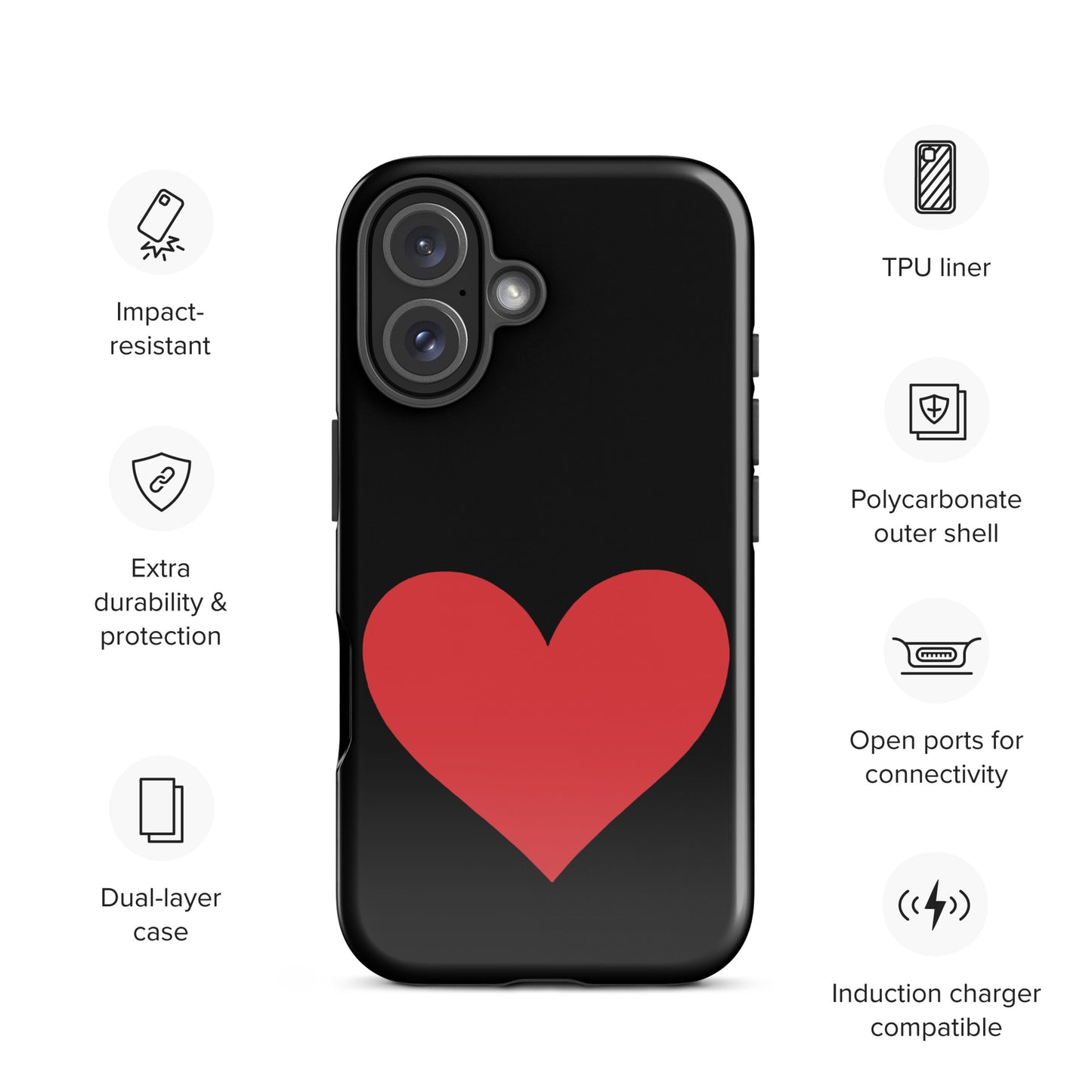 Phone Case for iPhone with heart design and vibrant color options, featuring impact resistance, dual-layer protection, and TPU liner.
