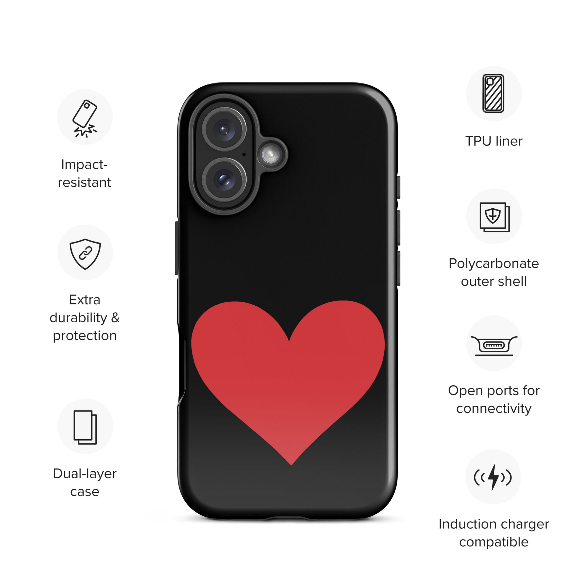 Phone Case for iPhone with heart design and vibrant color options, featuring impact resistance, dual-layer protection, and TPU liner.
