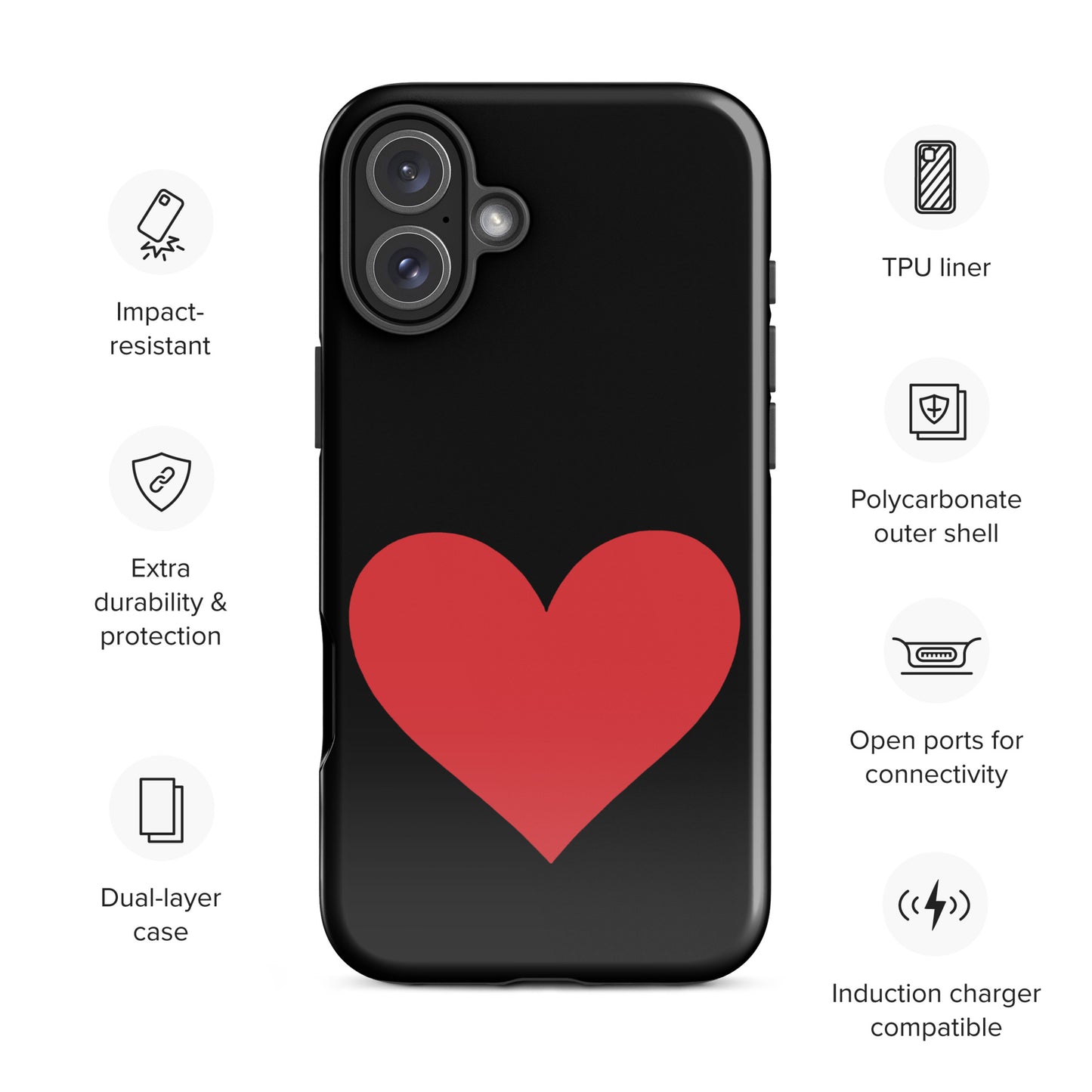 Phone Case for iPhone with Heart Design, showcasing impact-resistant features and induction charging compatibility.