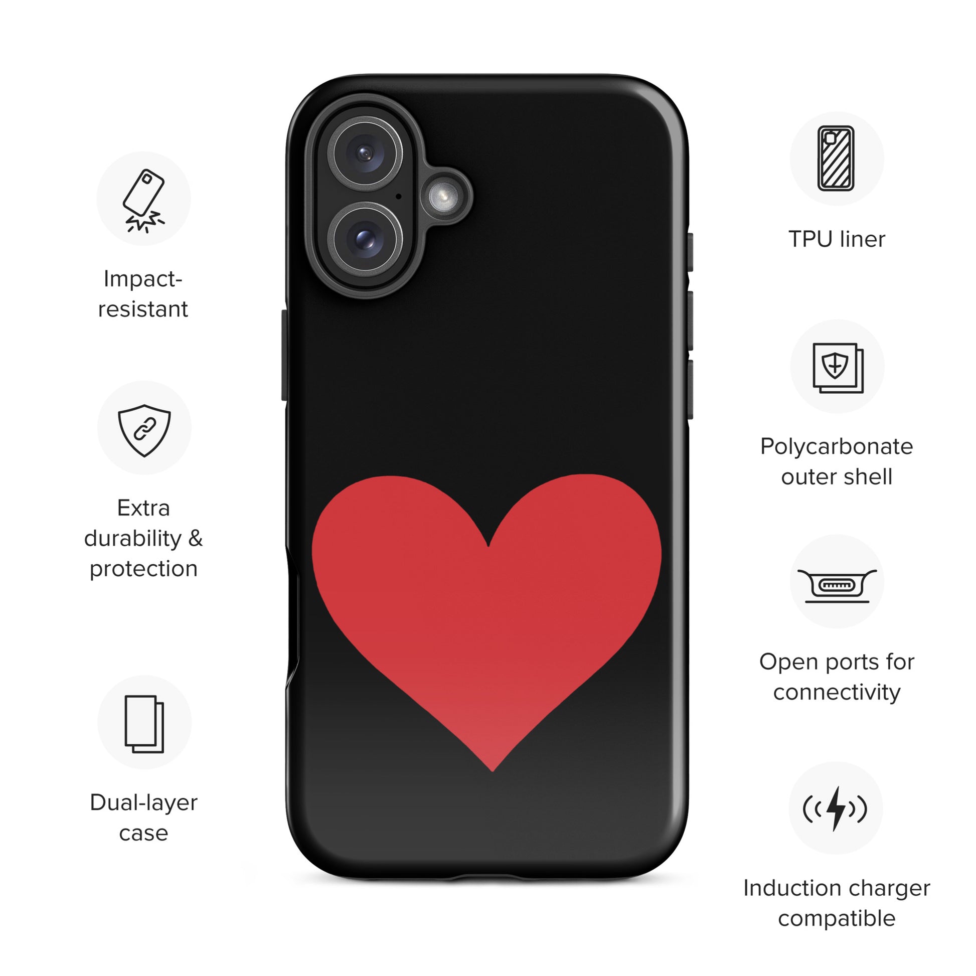 Phone Case for iPhone with Heart Design, showcasing impact-resistant features and induction charging compatibility.