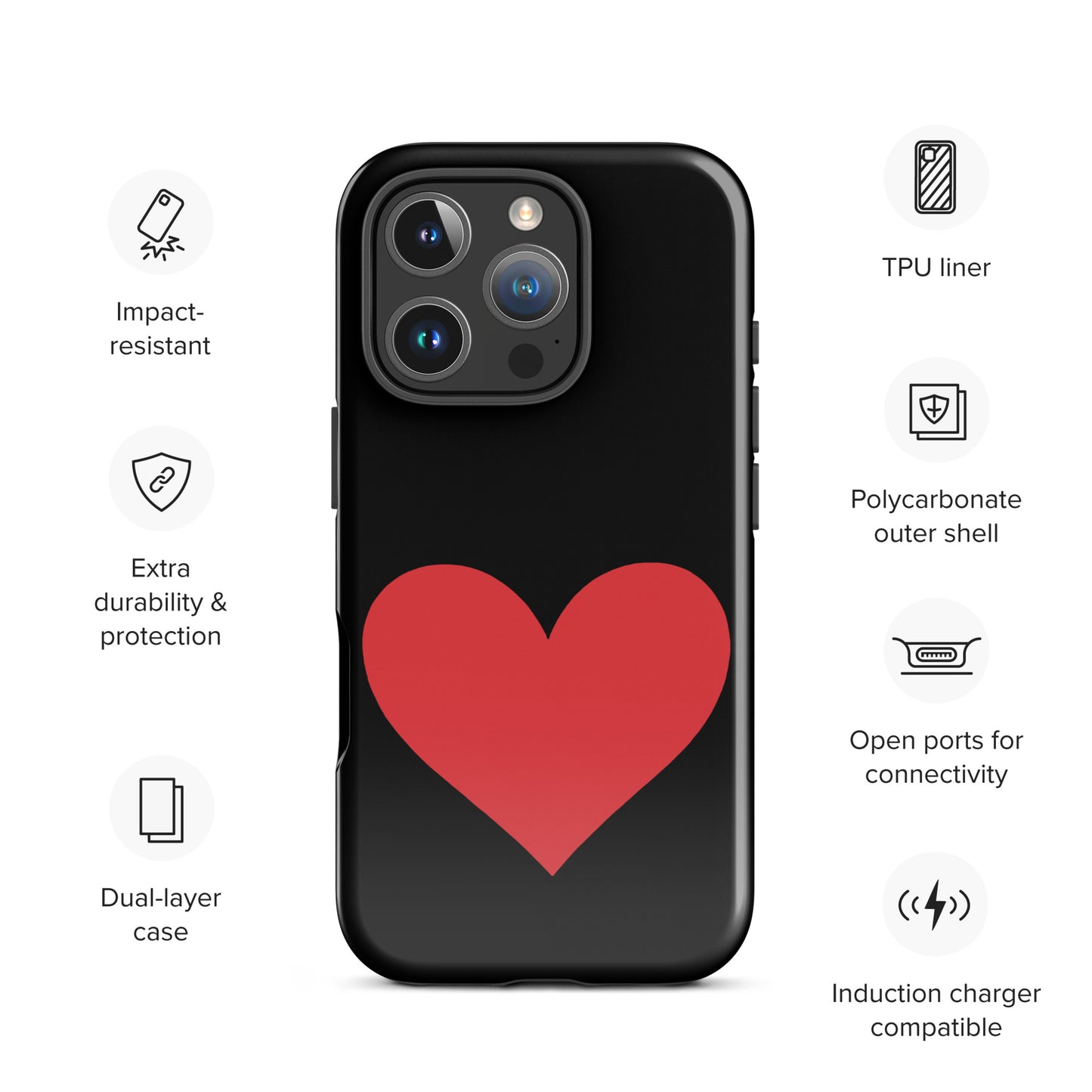 Phone Case for iPhone with a bold red heart design on a black background, showcasing impact-resistant and durable protection features.