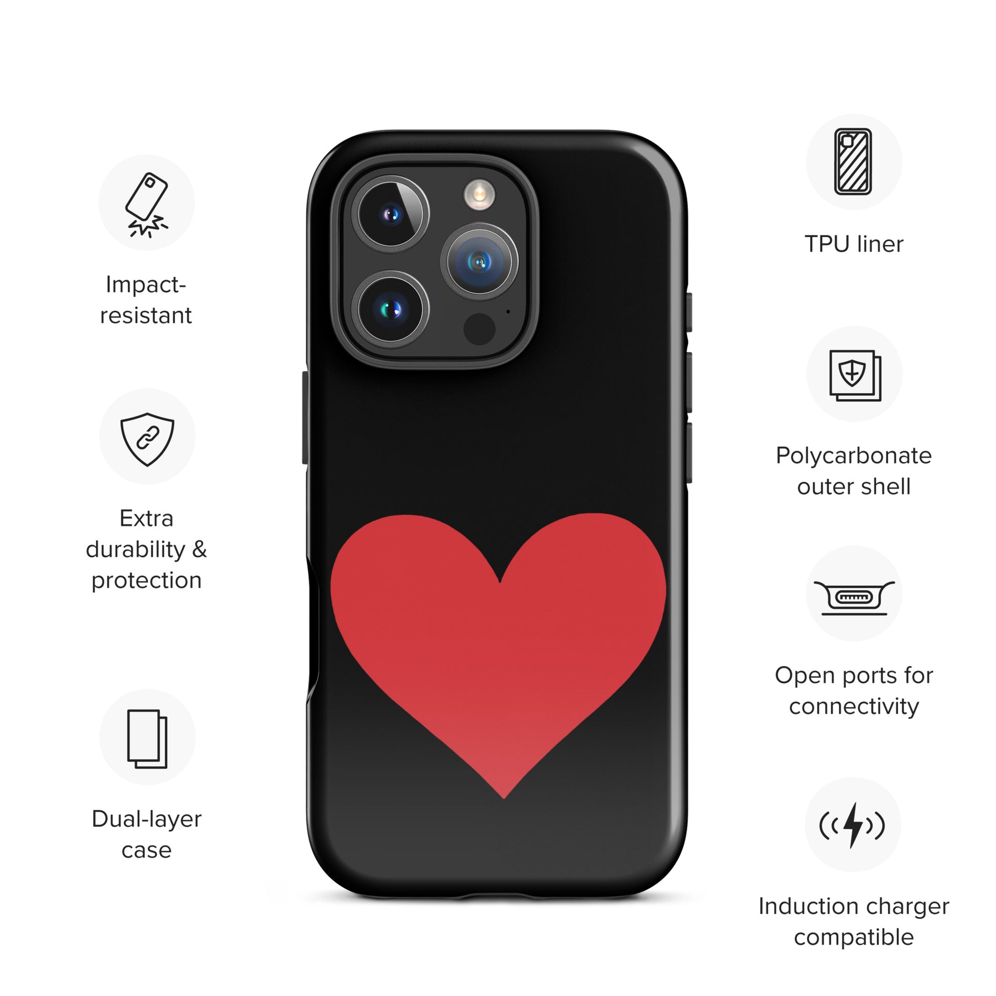 Phone Case for iPhone with a bold red heart design on a black background, showcasing impact-resistant and durable protection features.
