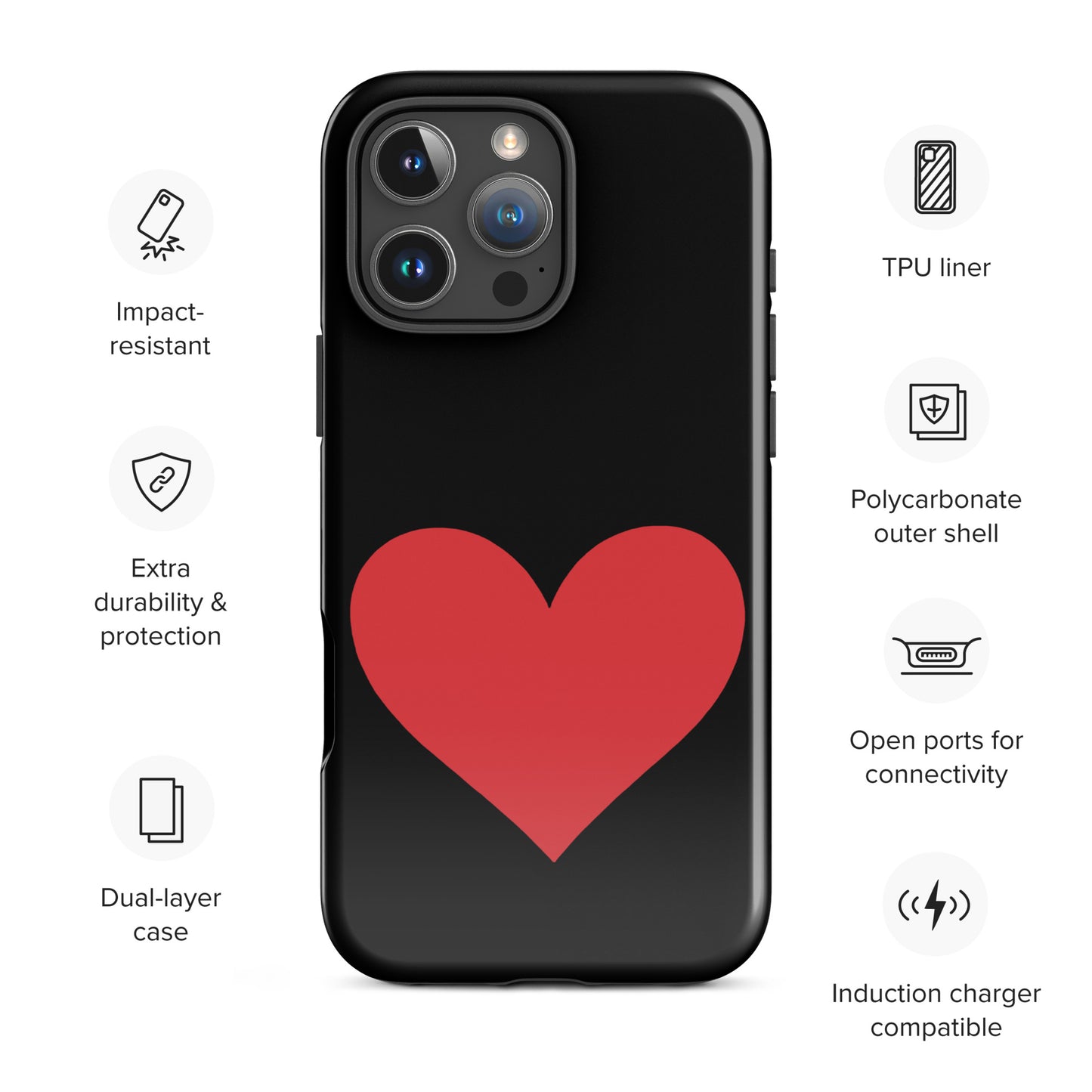 Phone Case with red heart design for iPhone, showcasing impact-resistant polycarbonate and TPU liner, dual-layer protection.