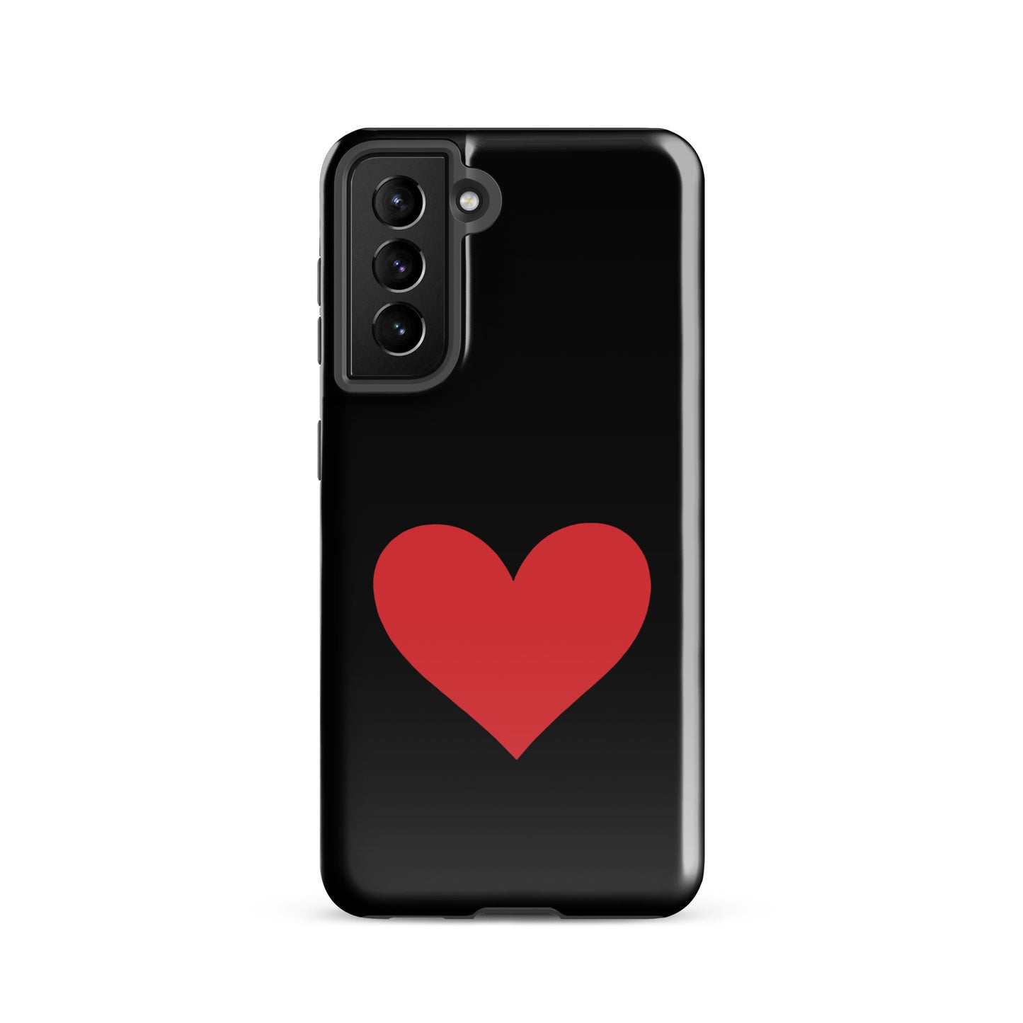 Phone Case for Samsung Galaxy with red heart design on black background, vibrant color options available.