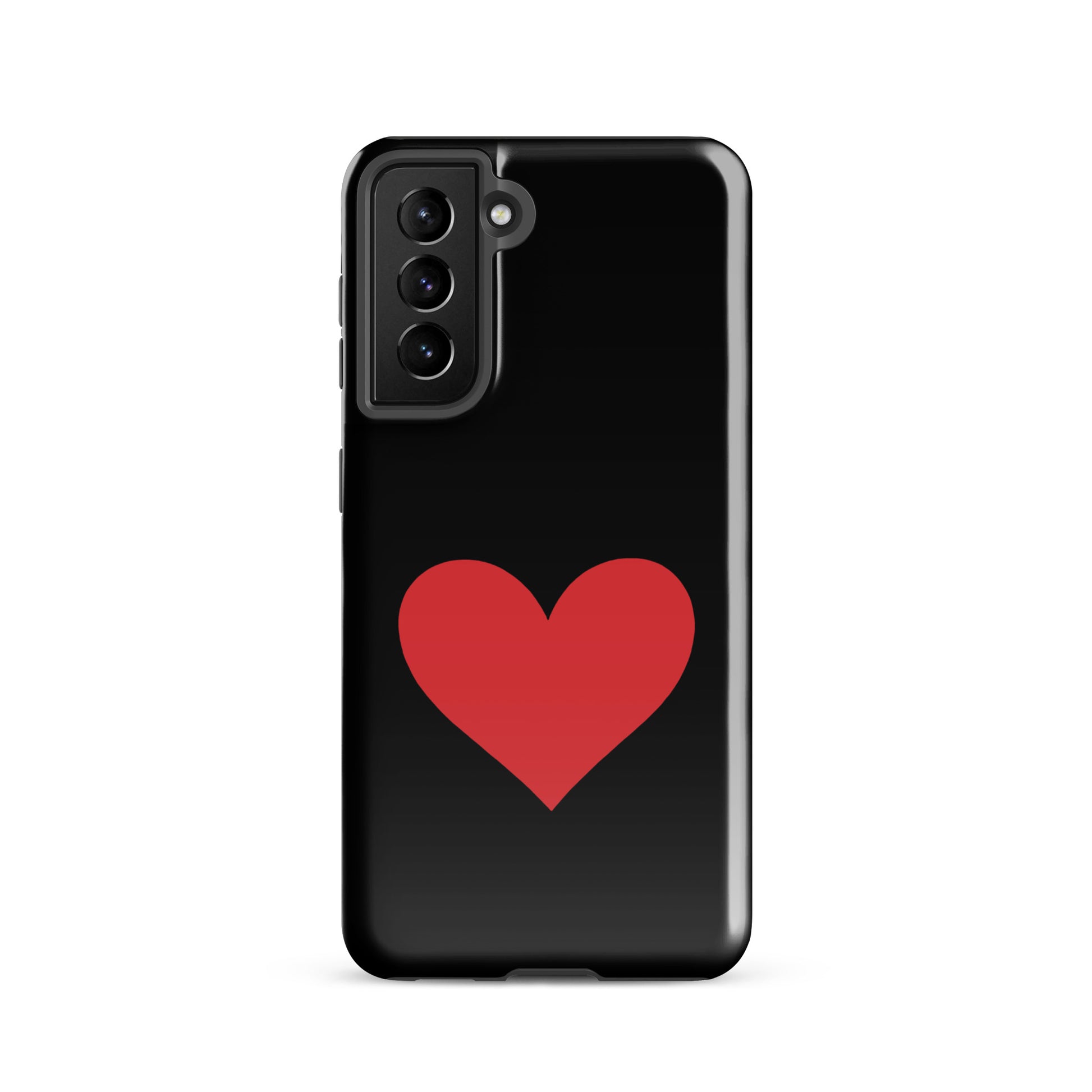 Phone Case for Samsung Galaxy with red heart design on black background, vibrant color options available.