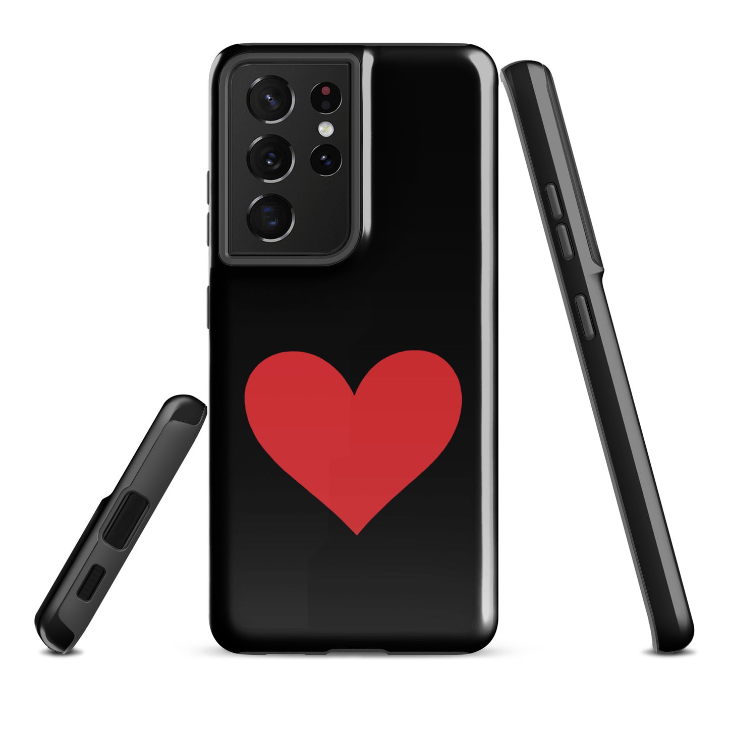 Phone Case for Samsung Galaxy with vibrant heart design in red on black background, showcasing stylish protection and personality.