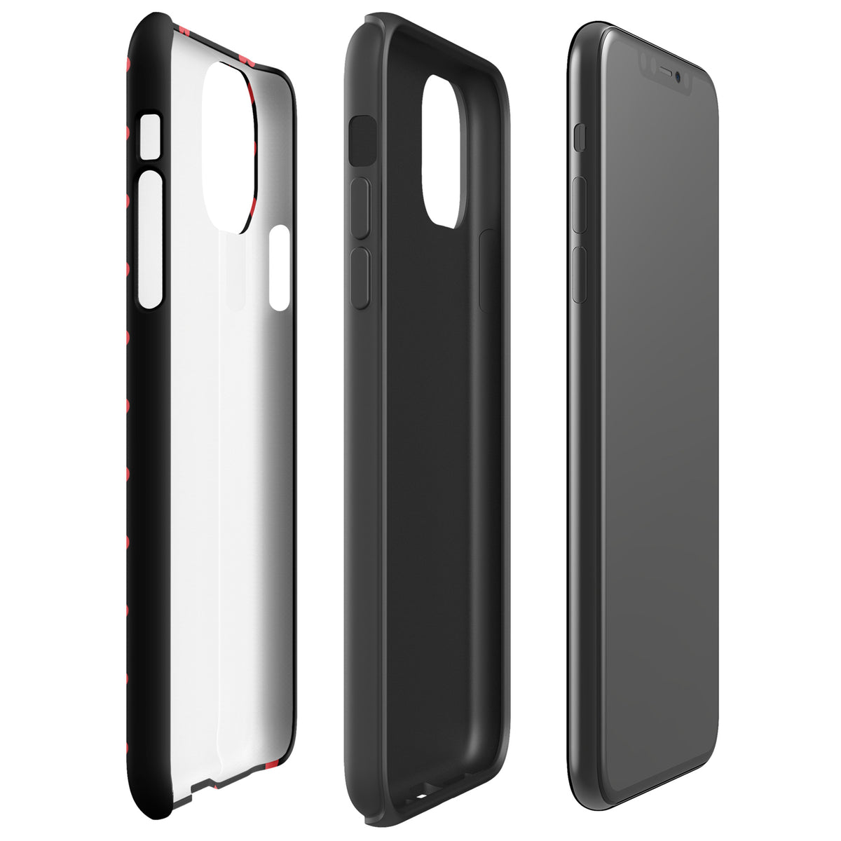Phone Case with fiery red hearts design for iPhone shown in sleek black and red accents, offering luxury aesthetics and durable protection.