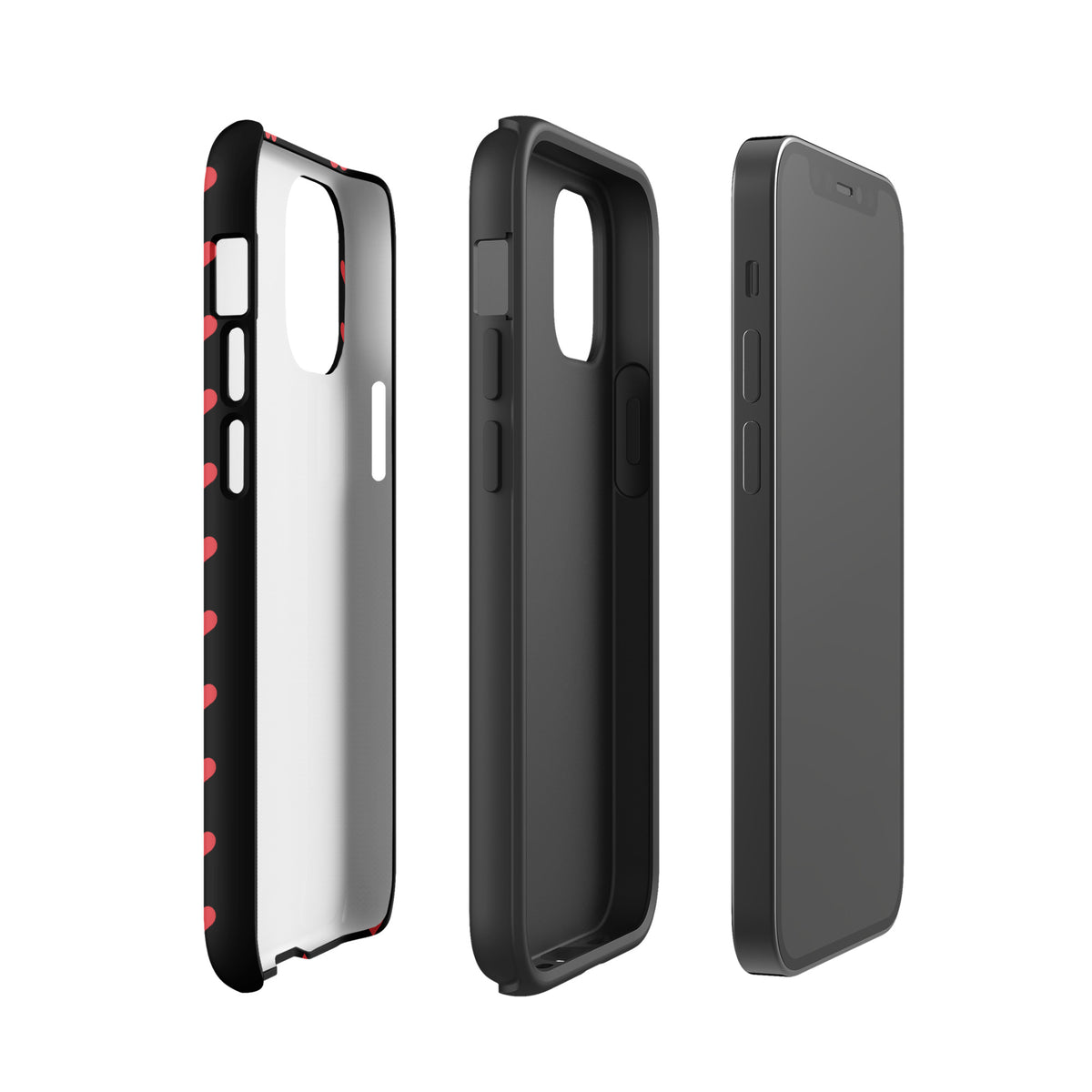 Phone Case for iPhone with fiery red hearts on black, showcasing luxury design and durable protection.