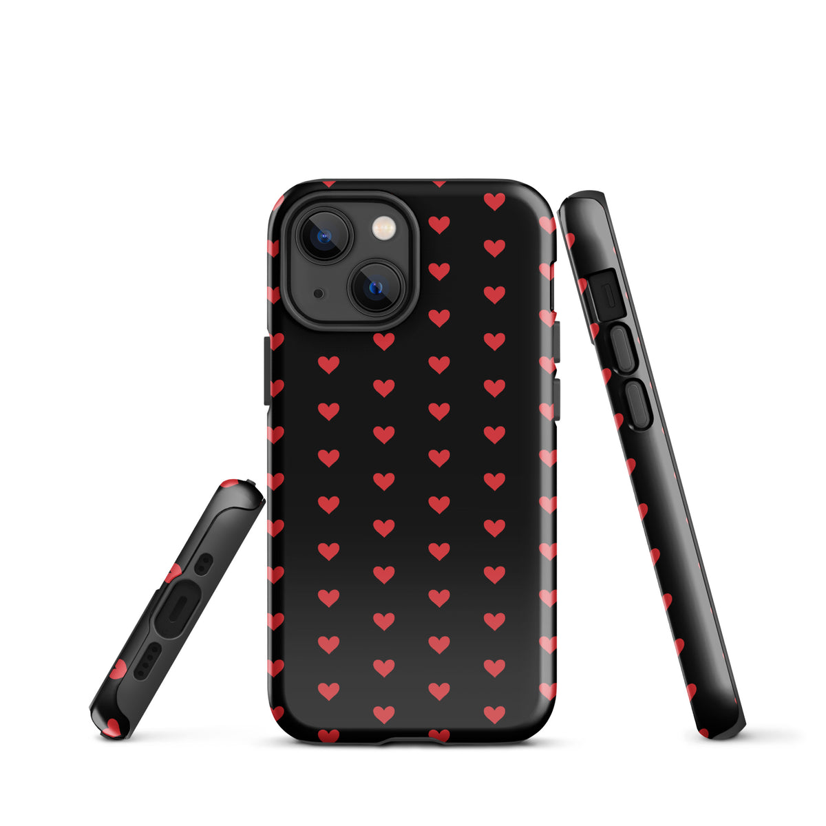 Phone Case for iPhone with fiery red hearts on black background, luxurious and durable design for modern protection.