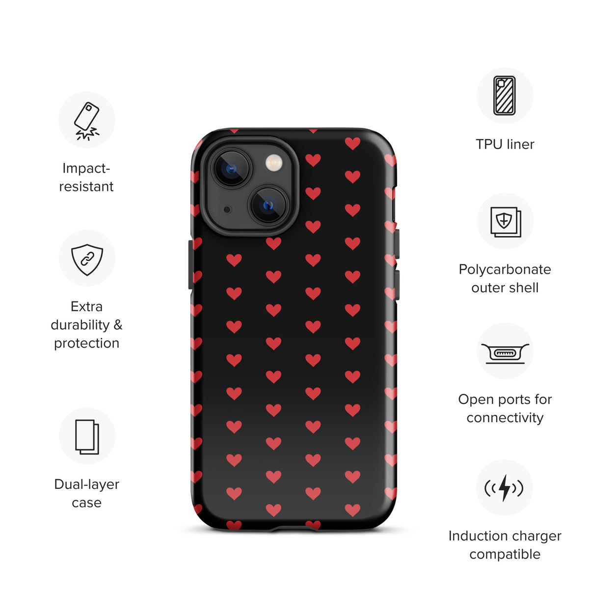Phone Case for iPhone with fiery red hearts pattern, impact-resistant and dual-layer for premium protection on black backdrop.