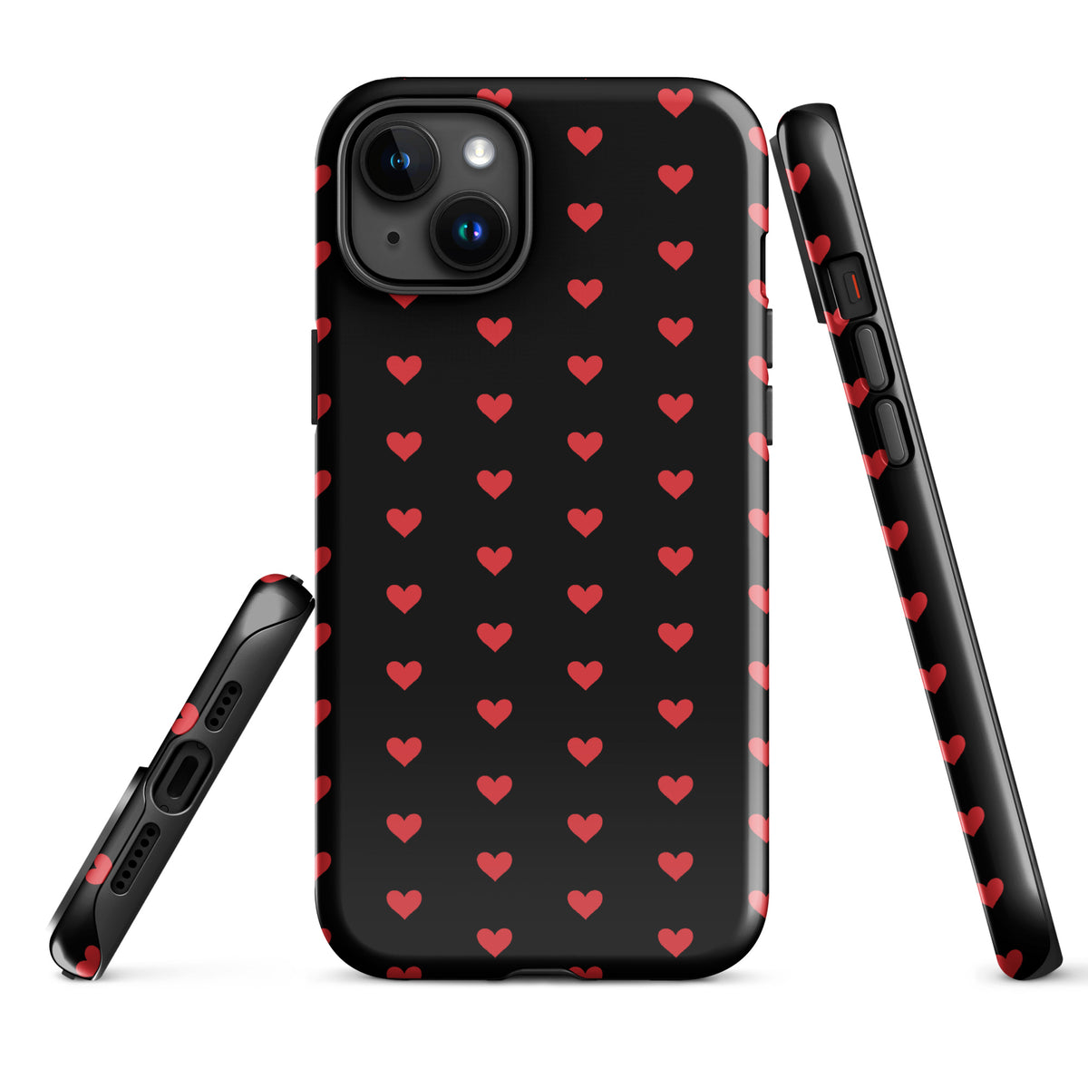 Phone Case for iPhone with fiery red heart pattern on black background, luxury design and durable protection for smartphones.