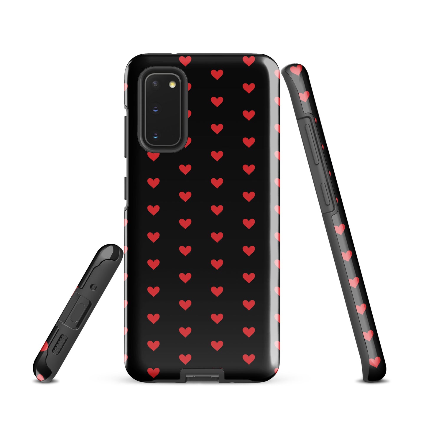 Phone Case for Samsung Galaxy with fiery red hearts on a black background, offering stylish protection.