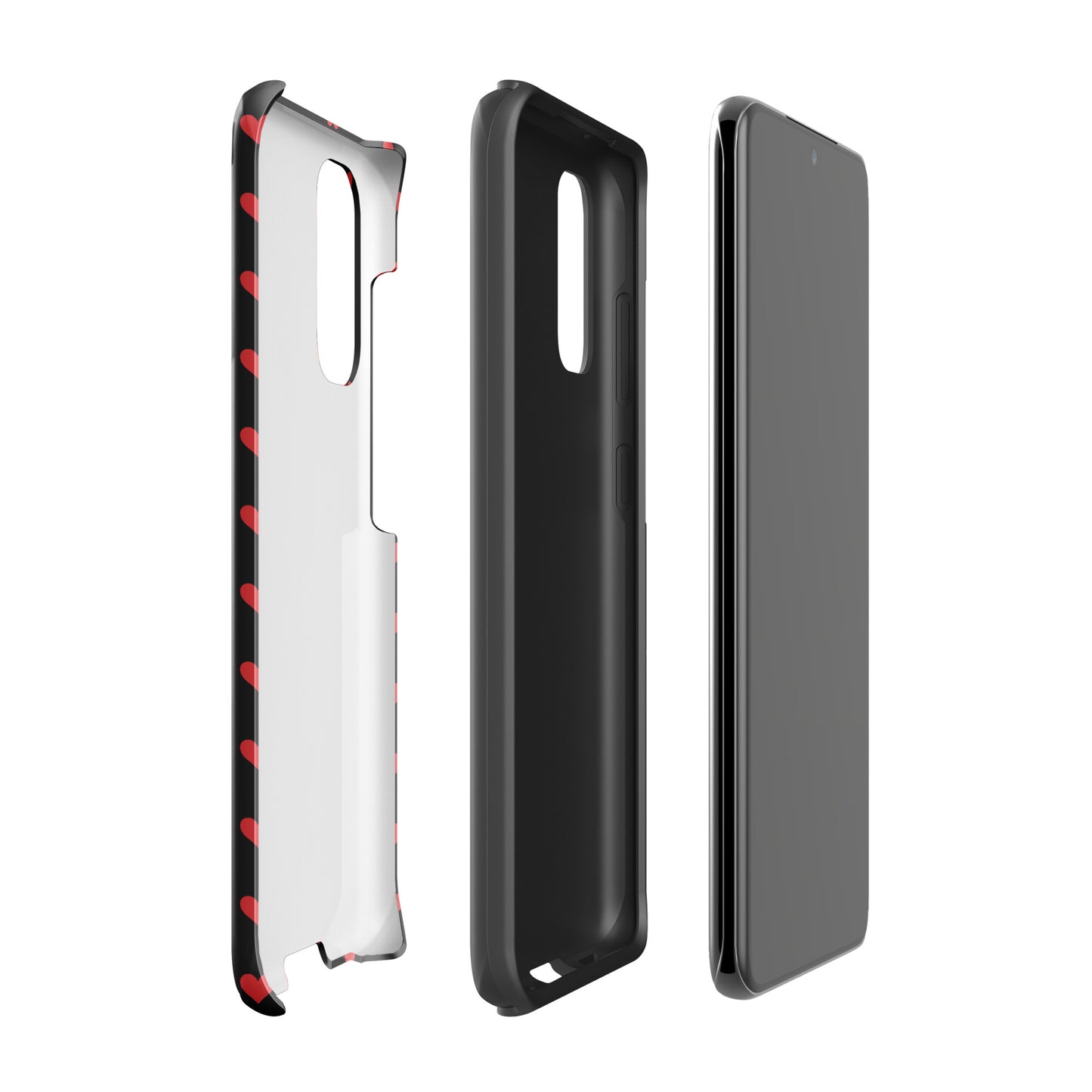 Phone Case for Samsung Galaxy with fiery red hearts and black backdrop, stylish and durable design for everyday use.