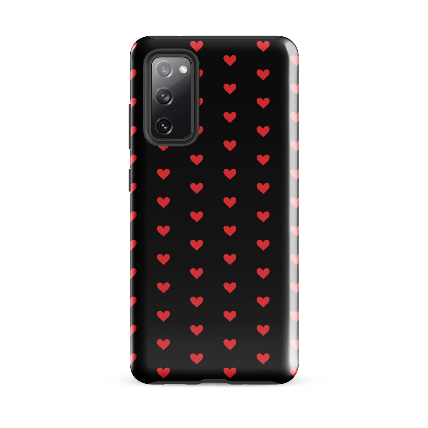 Phone Case for Samsung Galaxy with fiery red hearts on black background, premium design for modern style and durability.