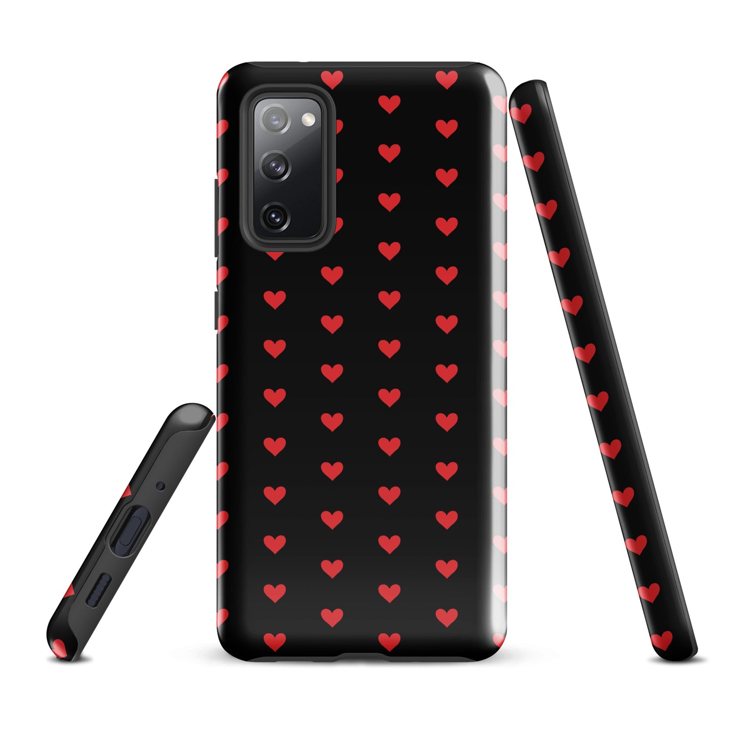 Phone Case for Samsung Galaxy with fiery red hearts on black background, showcasing bold design and premium protection.