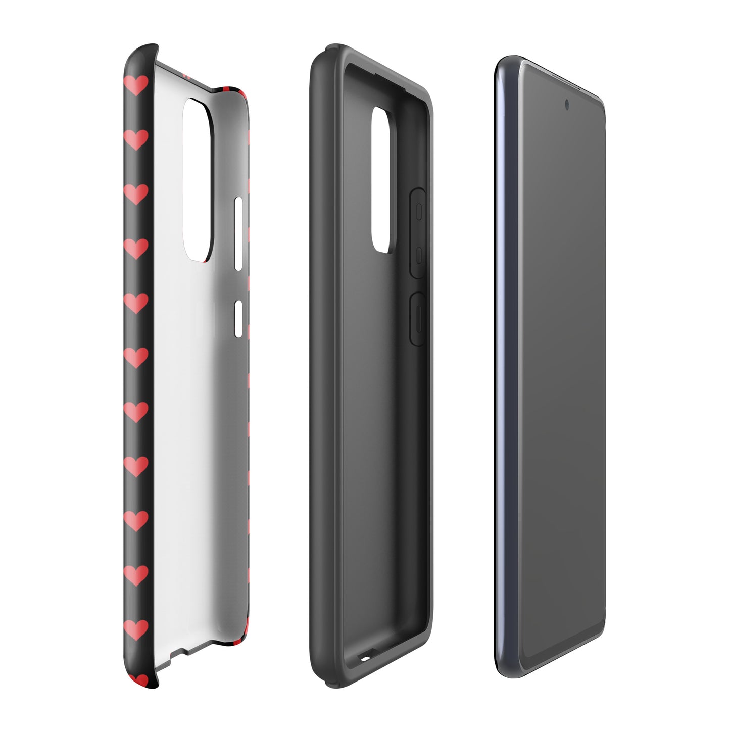 Phone Case for Samsung Galaxy with fiery red hearts design, shown separately and fitted on a phone, black backdrop, modern luxury style