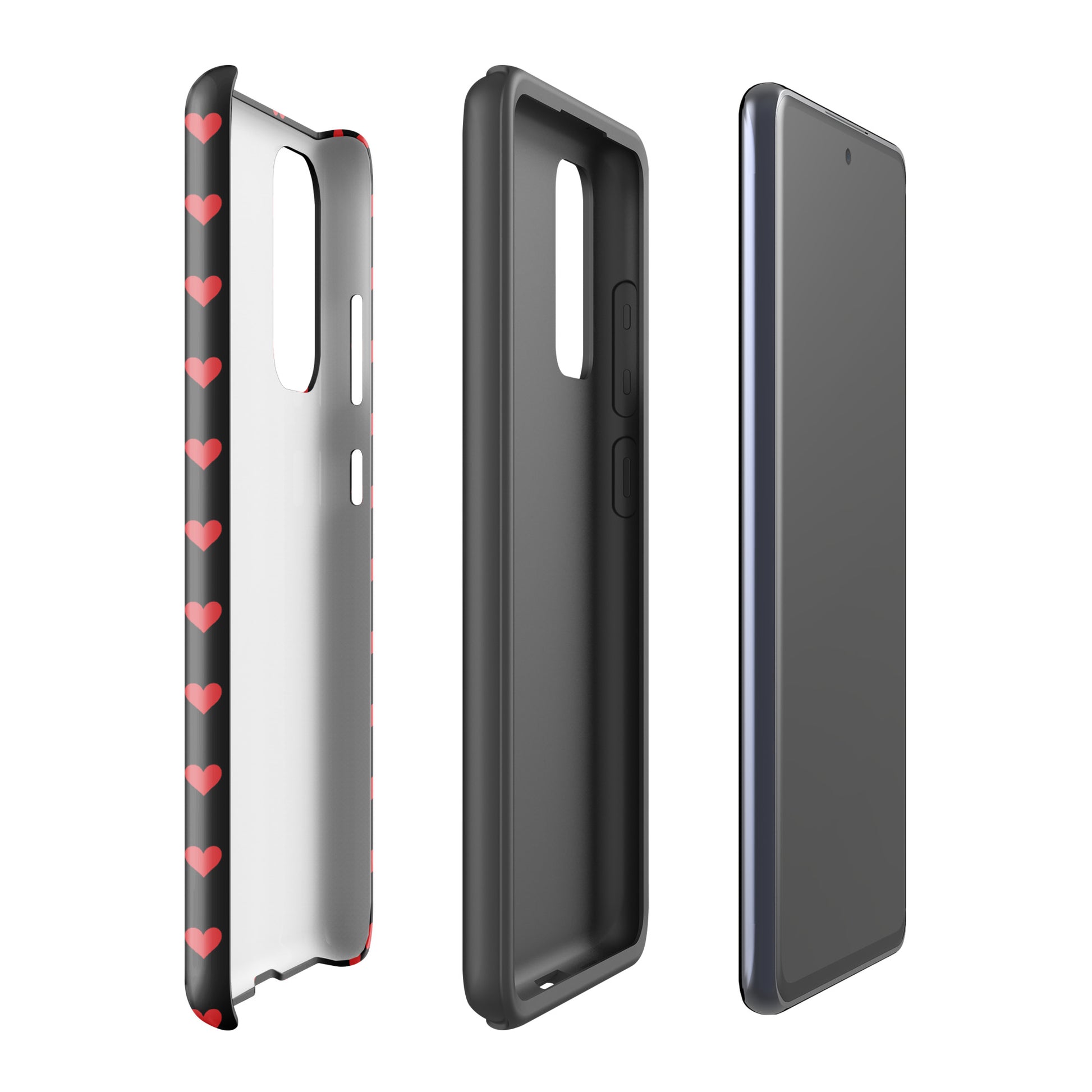 Phone Case for Samsung Galaxy with fiery red hearts design, shown separately and fitted on a phone, black backdrop, modern luxury style