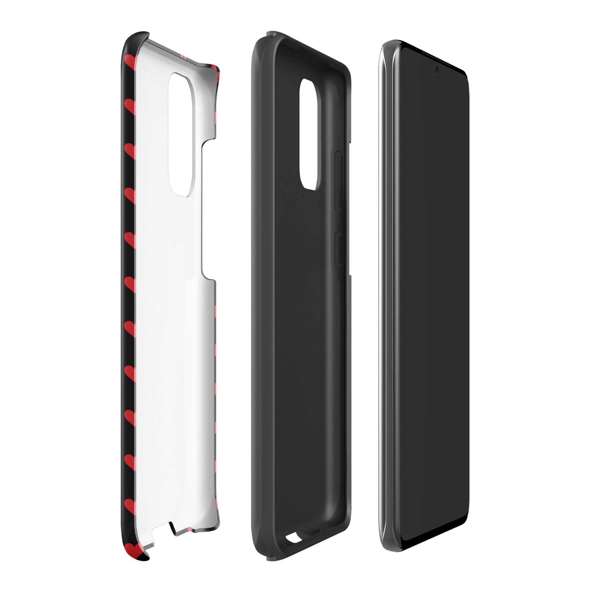 Phone Case for Samsung Galaxy with fiery red hearts, showcasing modern design and premium protection, with detachable layers.