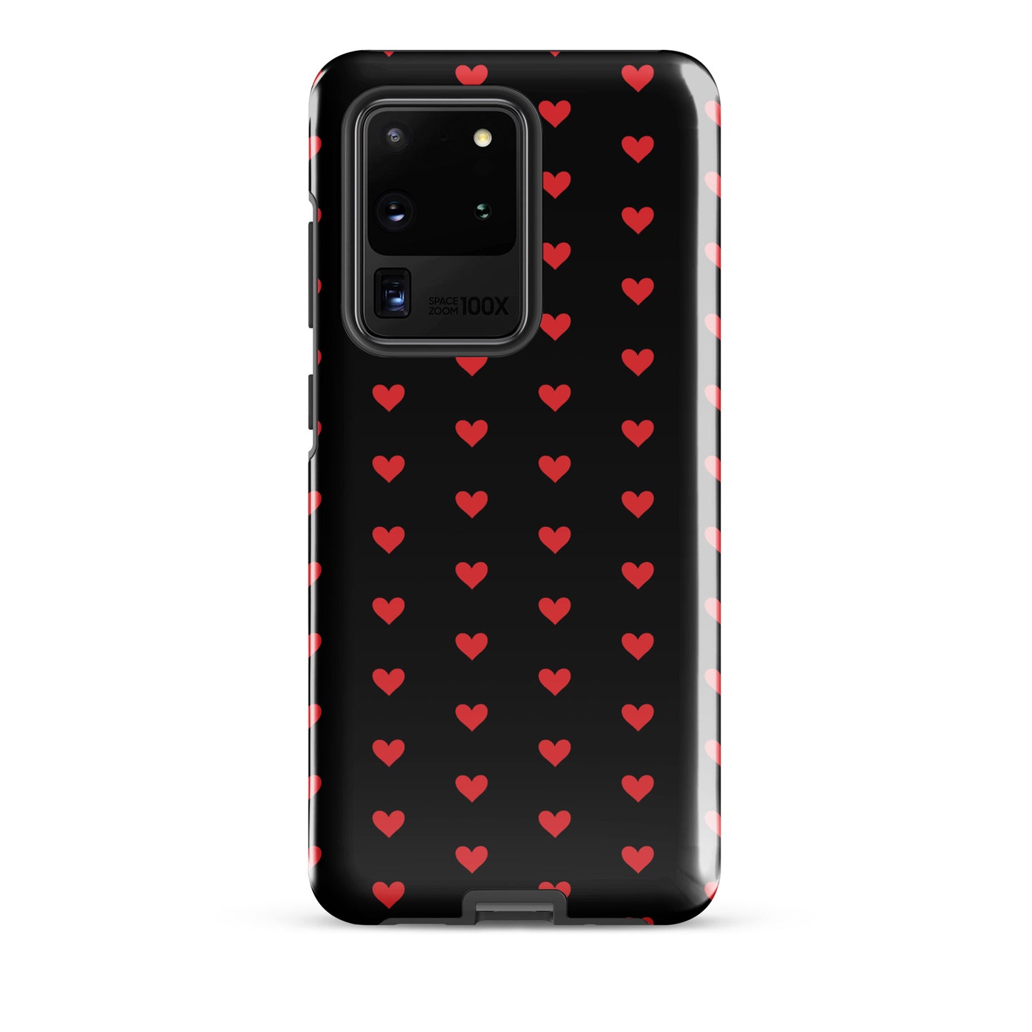 Phone Case for Samsung Galaxy with fiery red hearts on black background, offering luxury aesthetics and everyday durability.