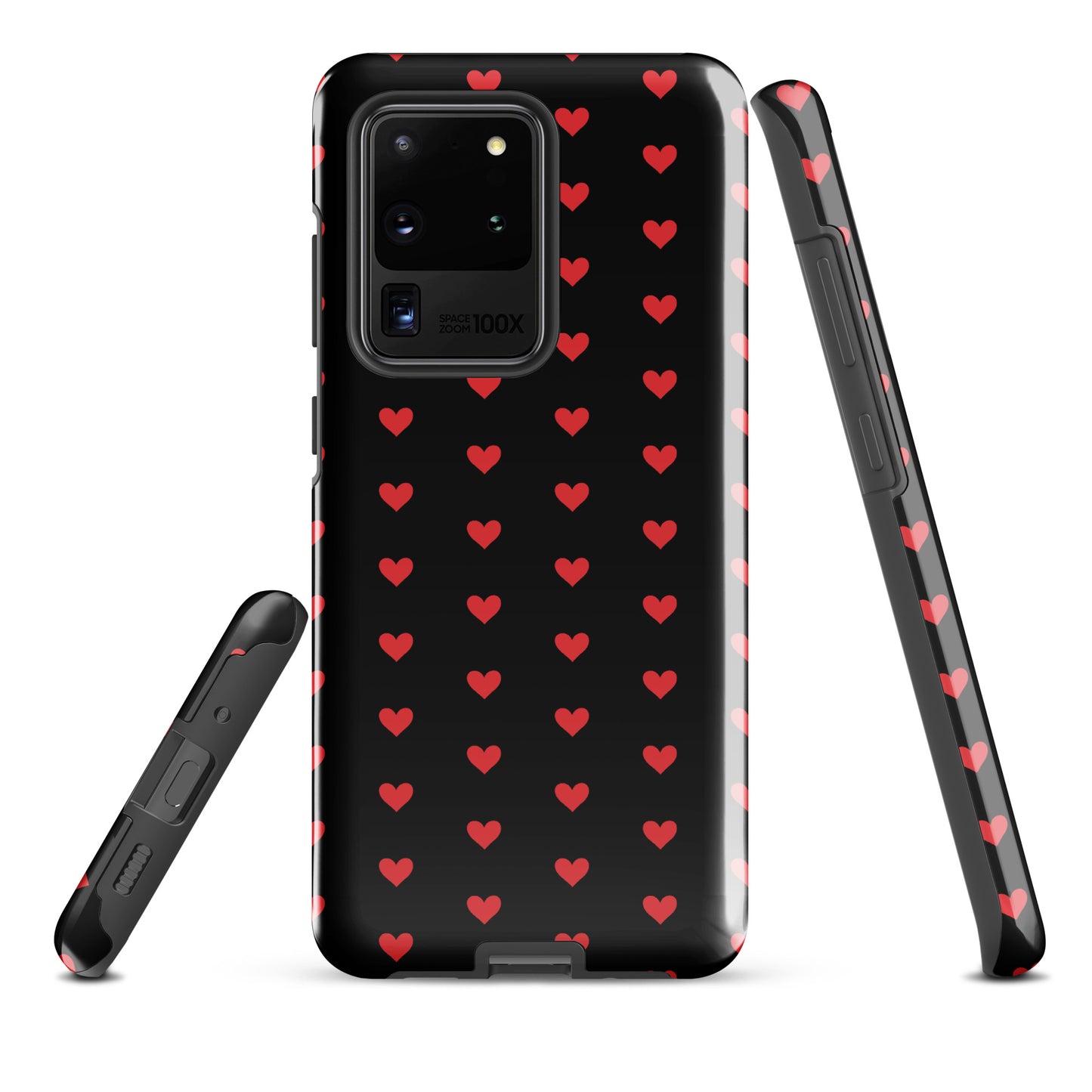 Phone Case for Samsung Galaxy with fiery red hearts pattern on black background, offering stylish protection and luxury design.