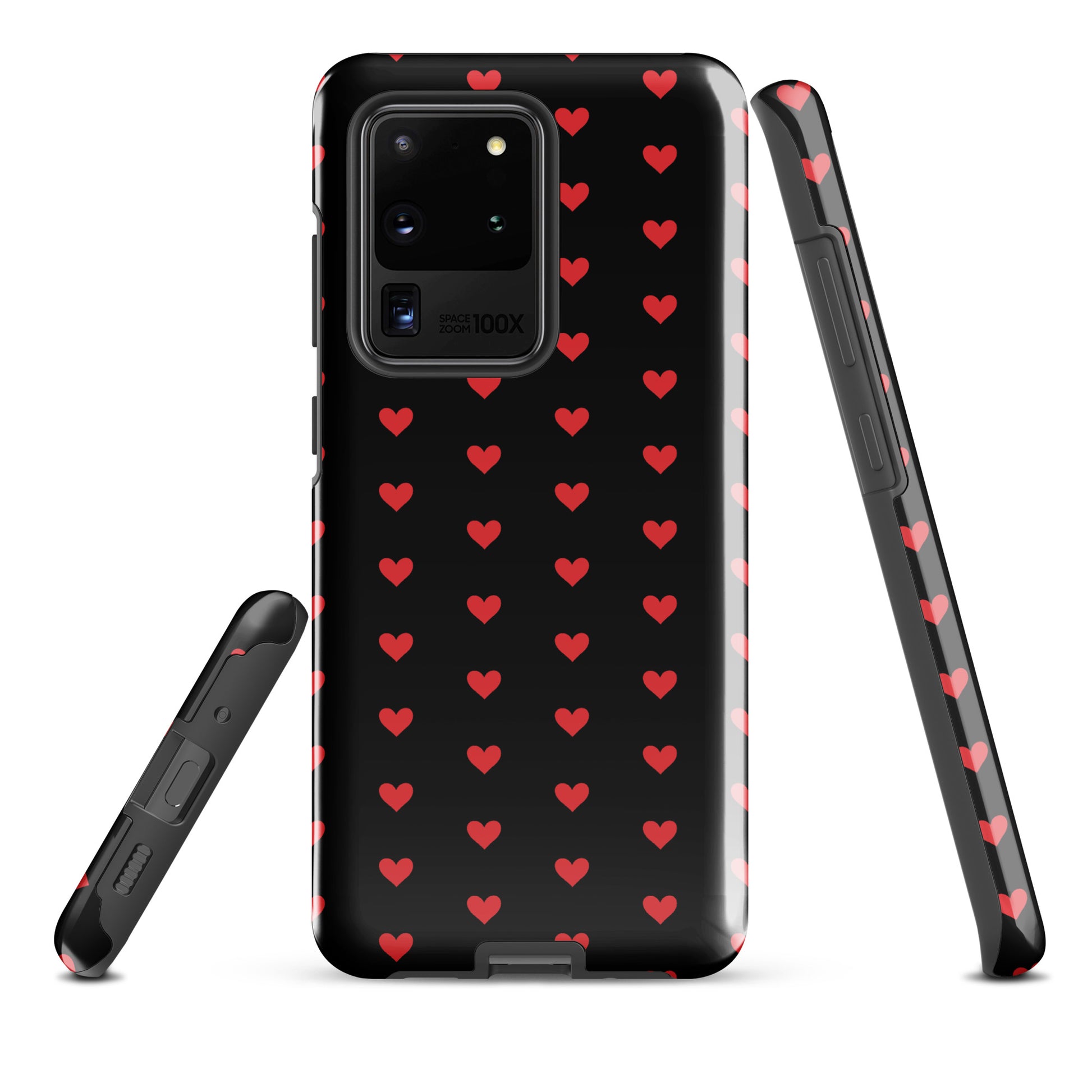 Phone Case for Samsung Galaxy with fiery red hearts pattern on black background, offering stylish protection and luxury design.