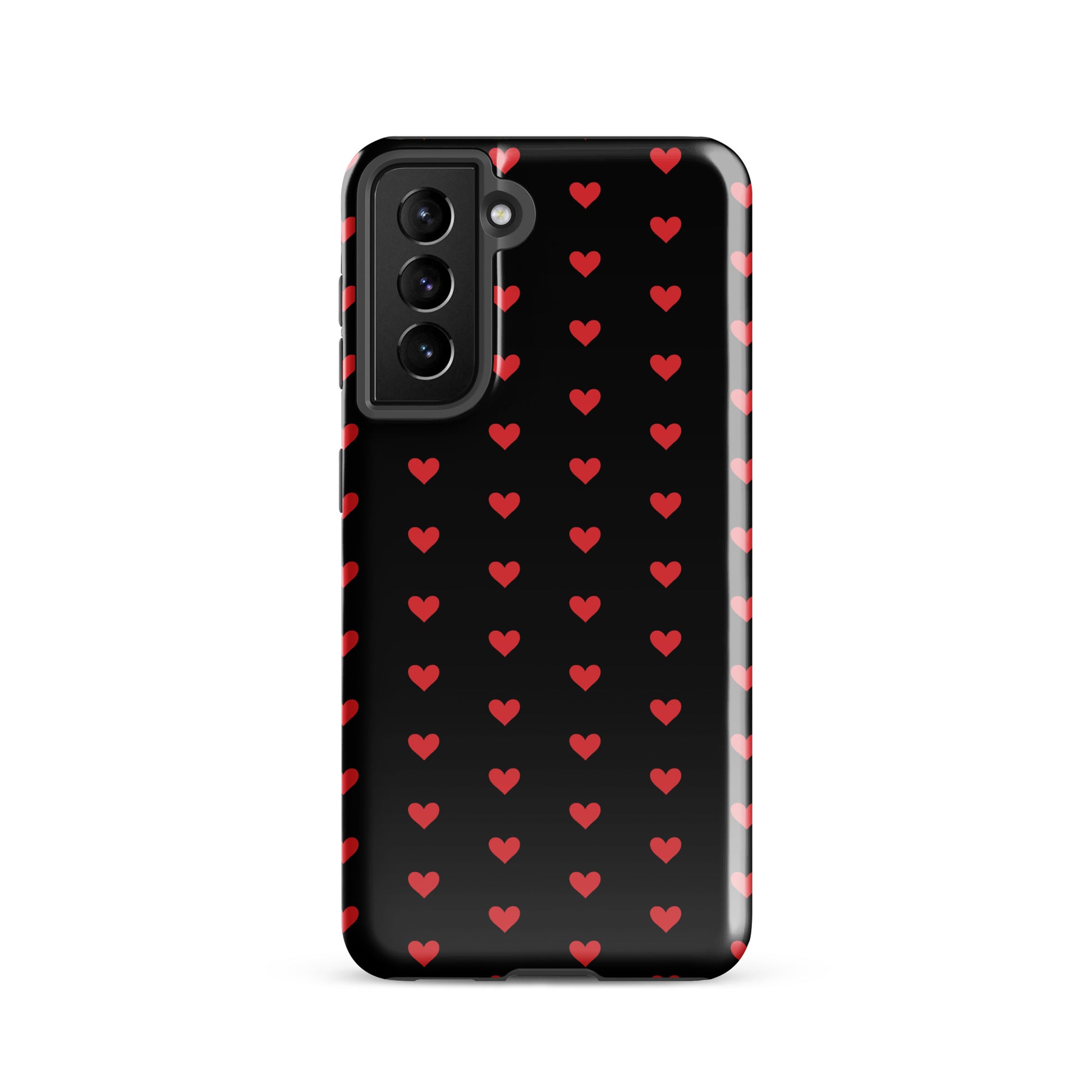 Phone Case for Samsung Galaxy with fiery red hearts on black backdrop, offering premium durability and bold luxury design.