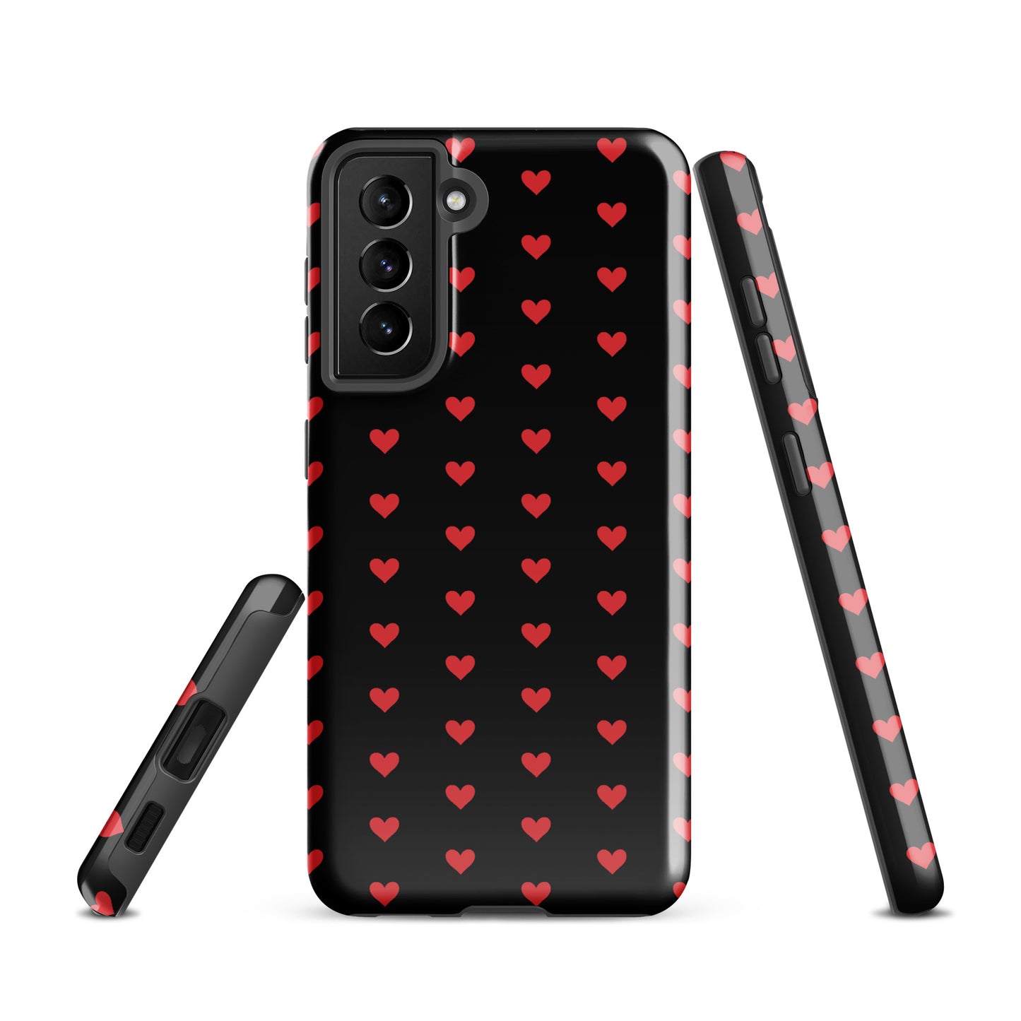 Phone Case for Samsung Galaxy with fiery red hearts on black, showcasing bold design and premium protection.