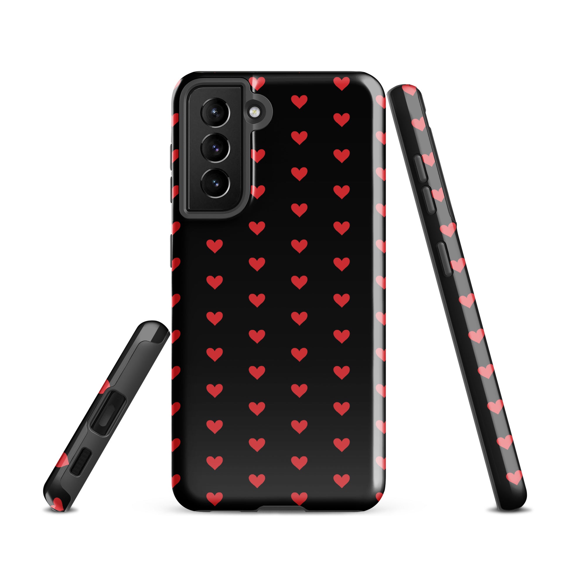 Phone Case for Samsung Galaxy with fiery red hearts on black, showcasing bold design and premium protection.