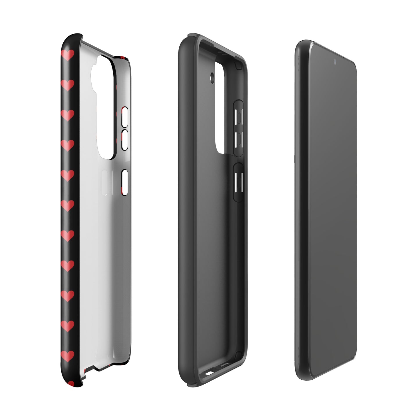 Phone Case for Samsung Galaxy with fiery red hearts design, deep black color, and durable protection features for modern style.