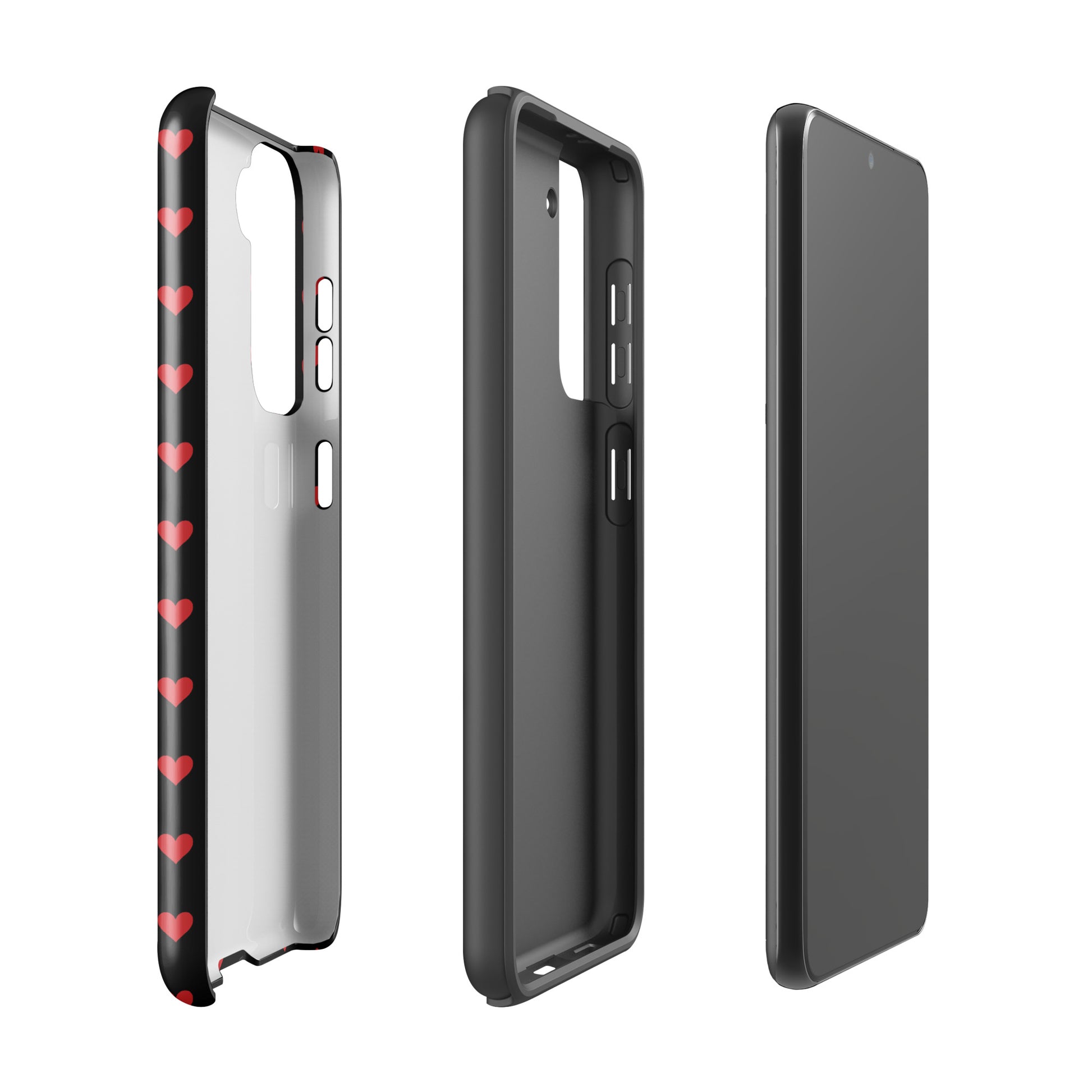 Phone Case for Samsung Galaxy with fiery red hearts design, deep black color, and durable protection features for modern style.