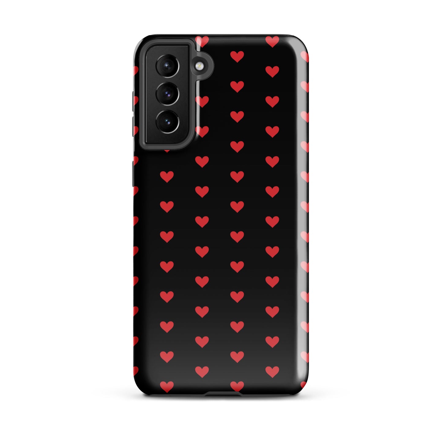 Phone Case for Samsung Galaxy with fiery red hearts design on black background, combining luxury and durability.