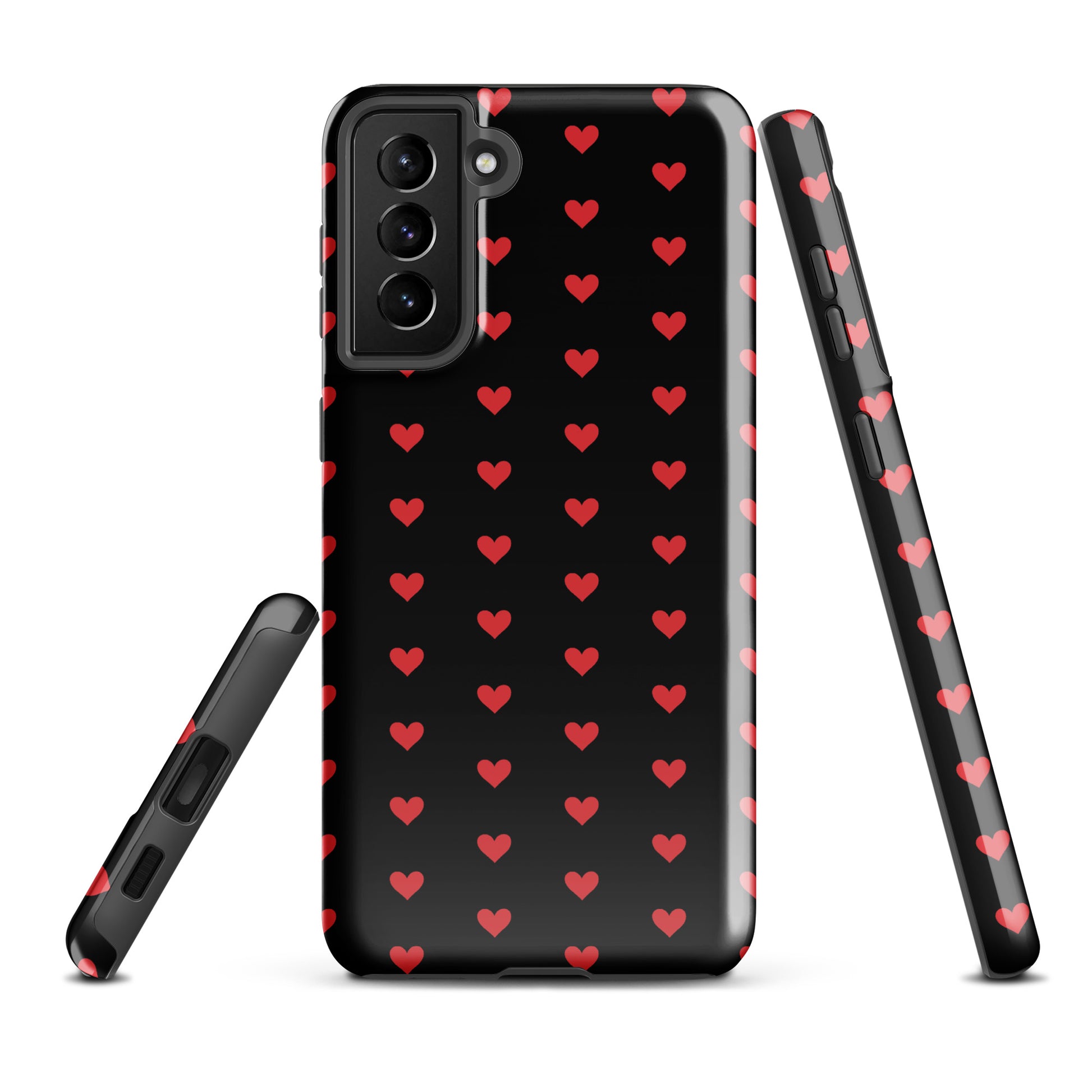 Phone Case for Samsung Galaxy with fiery red hearts on black, offering bold design and durable protection.