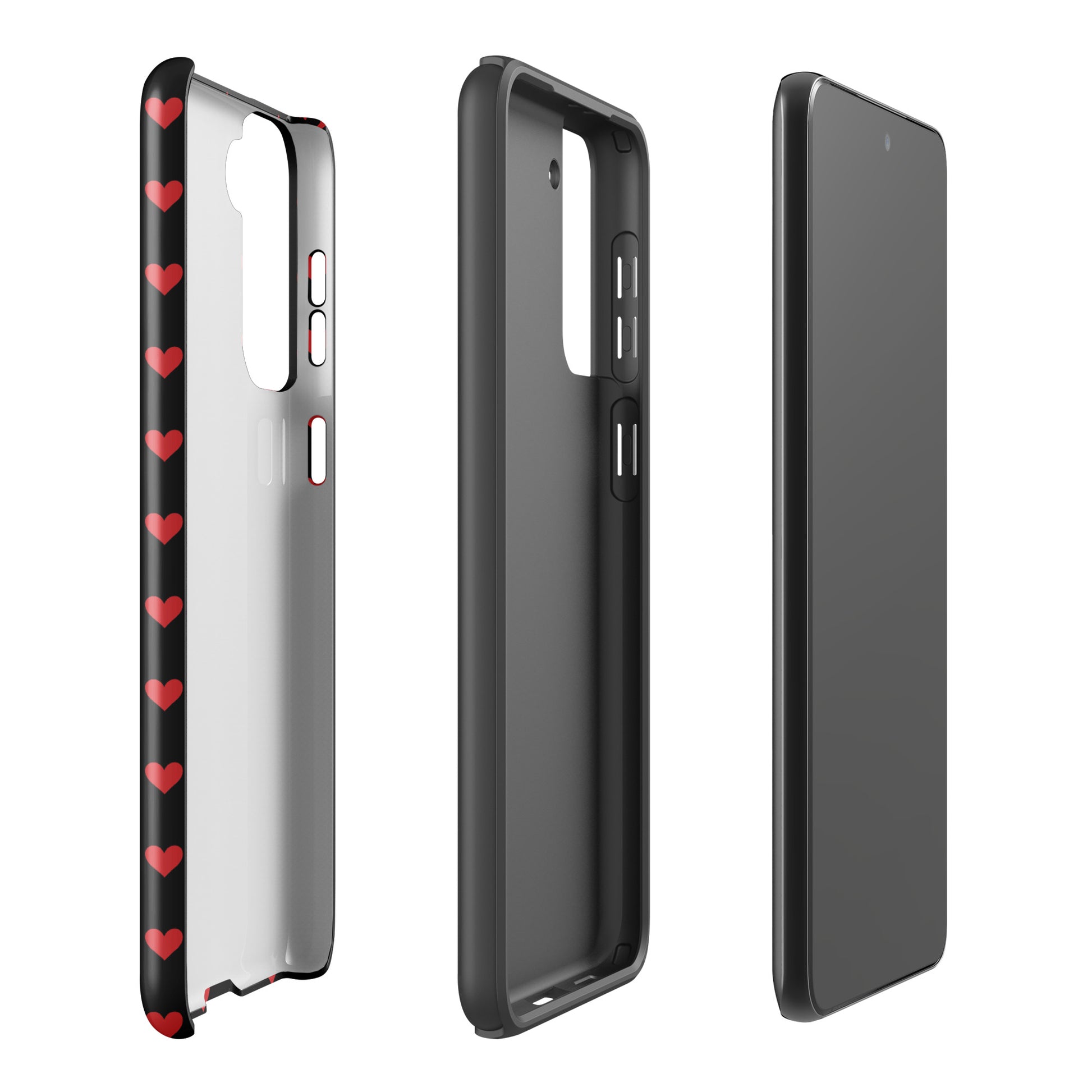 Phone Case for Samsung Galaxy featuring fiery red hearts pattern on a black background, showcasing luxury design and robust protection.