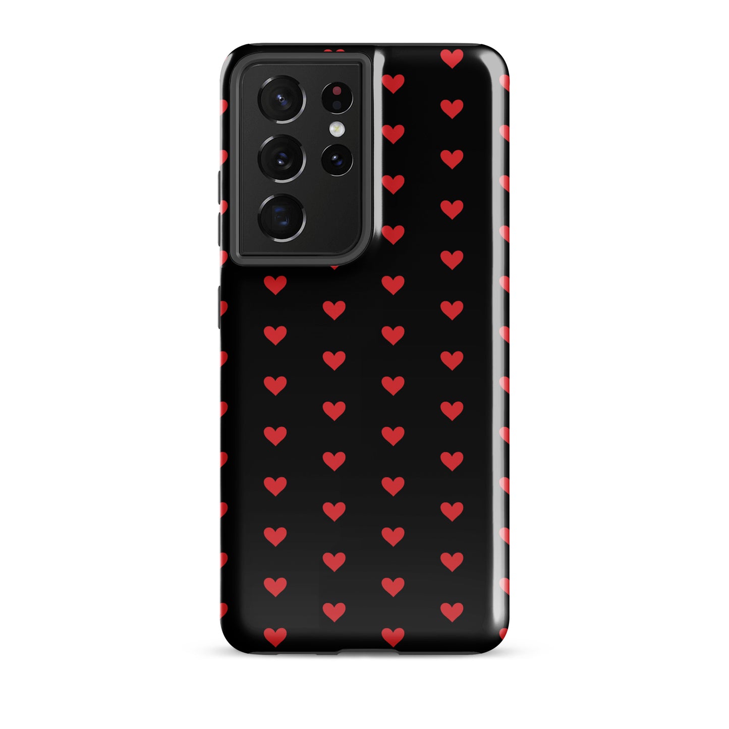 Phone Case for Samsung Galaxy with fiery red hearts on black, luxury design, durable protection, modern premium style.