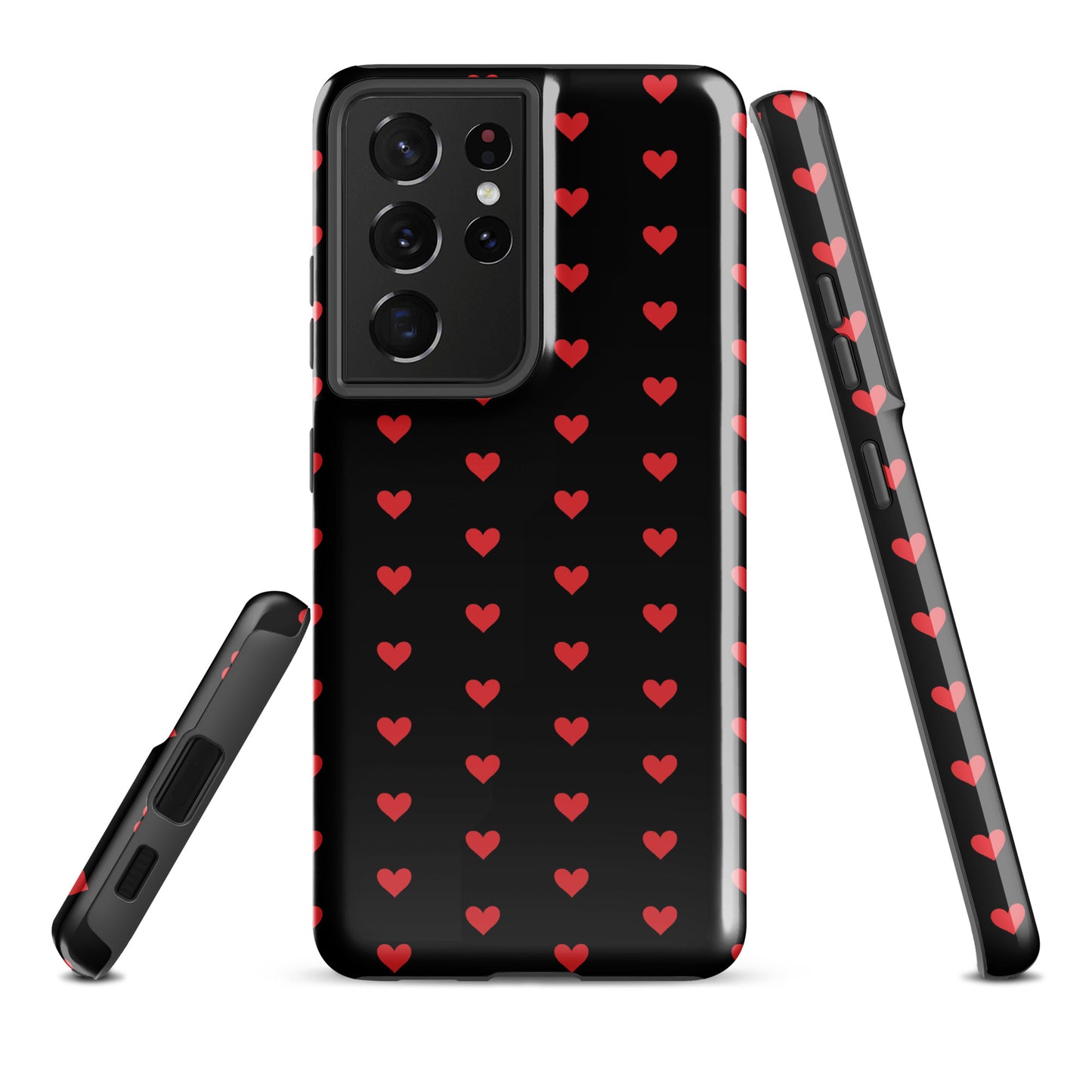 Phone Case for Samsung Galaxy with fiery red hearts on a black background, offering luxury design and durable protection.