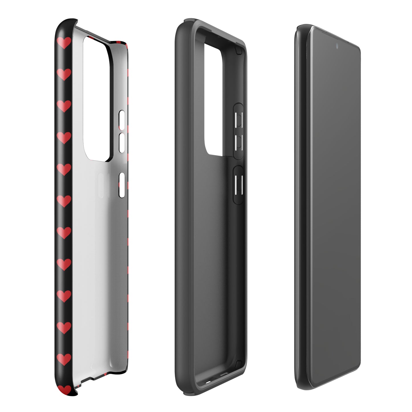 Phone Case for Samsung Galaxy with fiery red hearts on black background, offering luxurious design and elevated protection.