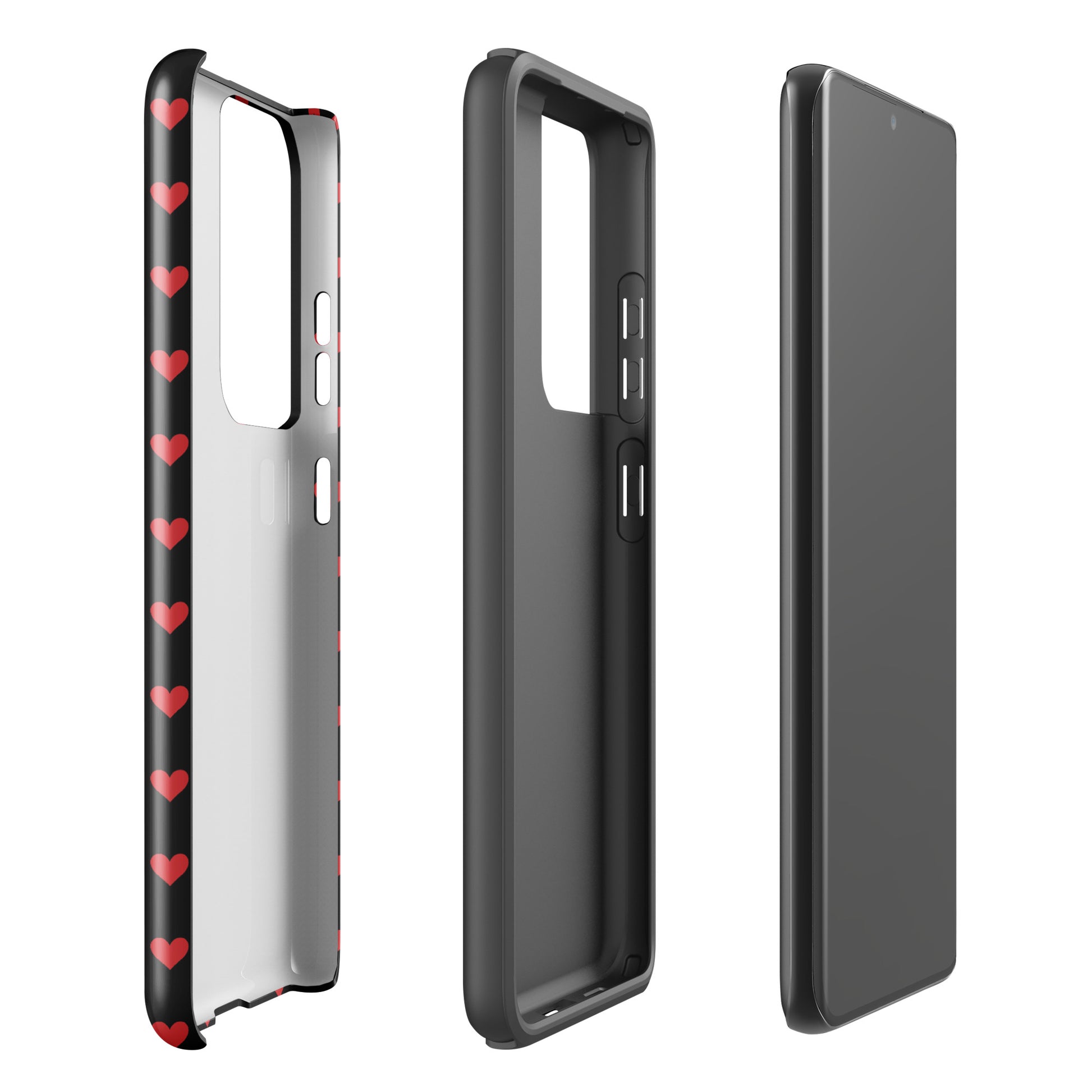 Phone Case for Samsung Galaxy with fiery red hearts on black background, offering luxurious design and elevated protection.