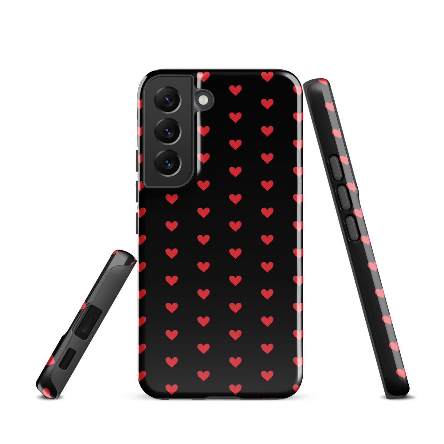 Phone Case with fiery red hearts design for Samsung Galaxy, providing luxury aesthetics and durable protection on black background.