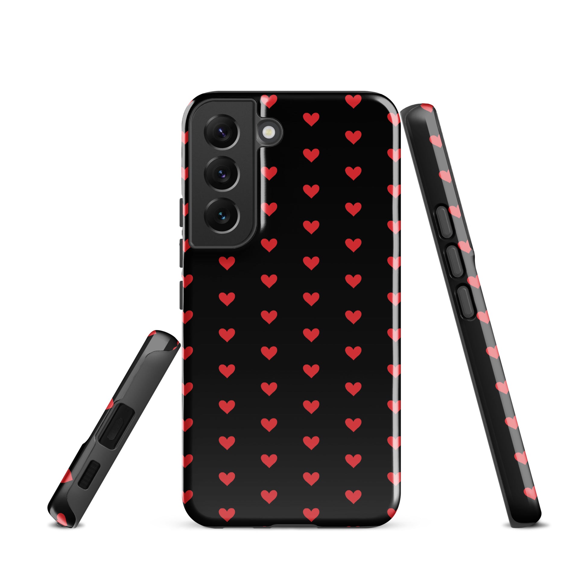 Phone Case with fiery red hearts design for Samsung Galaxy, providing luxury aesthetics and durable protection on black background.
