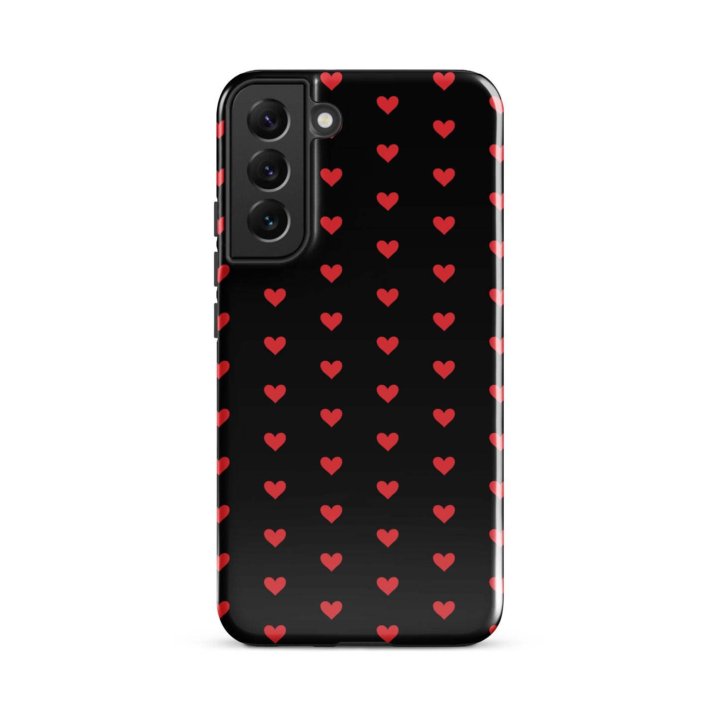 Phone Case for Samsung Galaxy with fiery red hearts on black background, offering luxury aesthetics and durable protection.