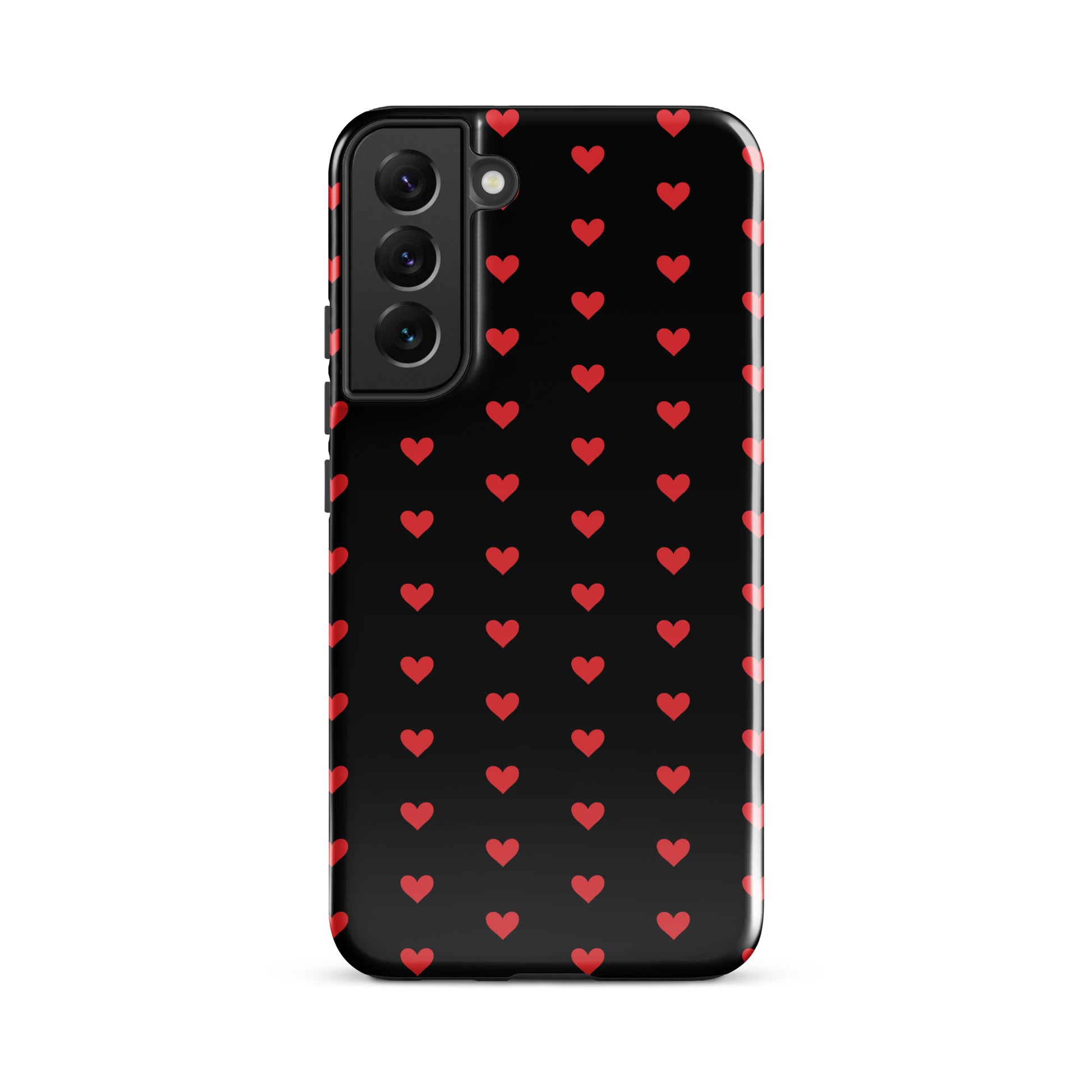 Phone Case for Samsung Galaxy with fiery red hearts on black background, offering luxury aesthetics and durable protection.